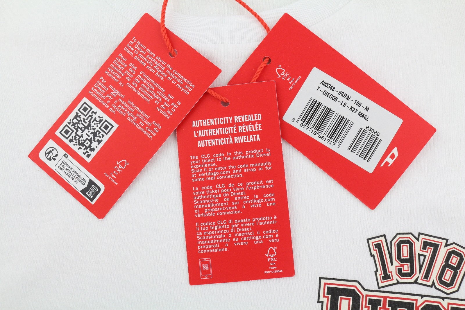 DIESEL T-Diegos-LS-K27 Men T-Shirt M White Cotton Long Sleeve Crew Neck Tricot