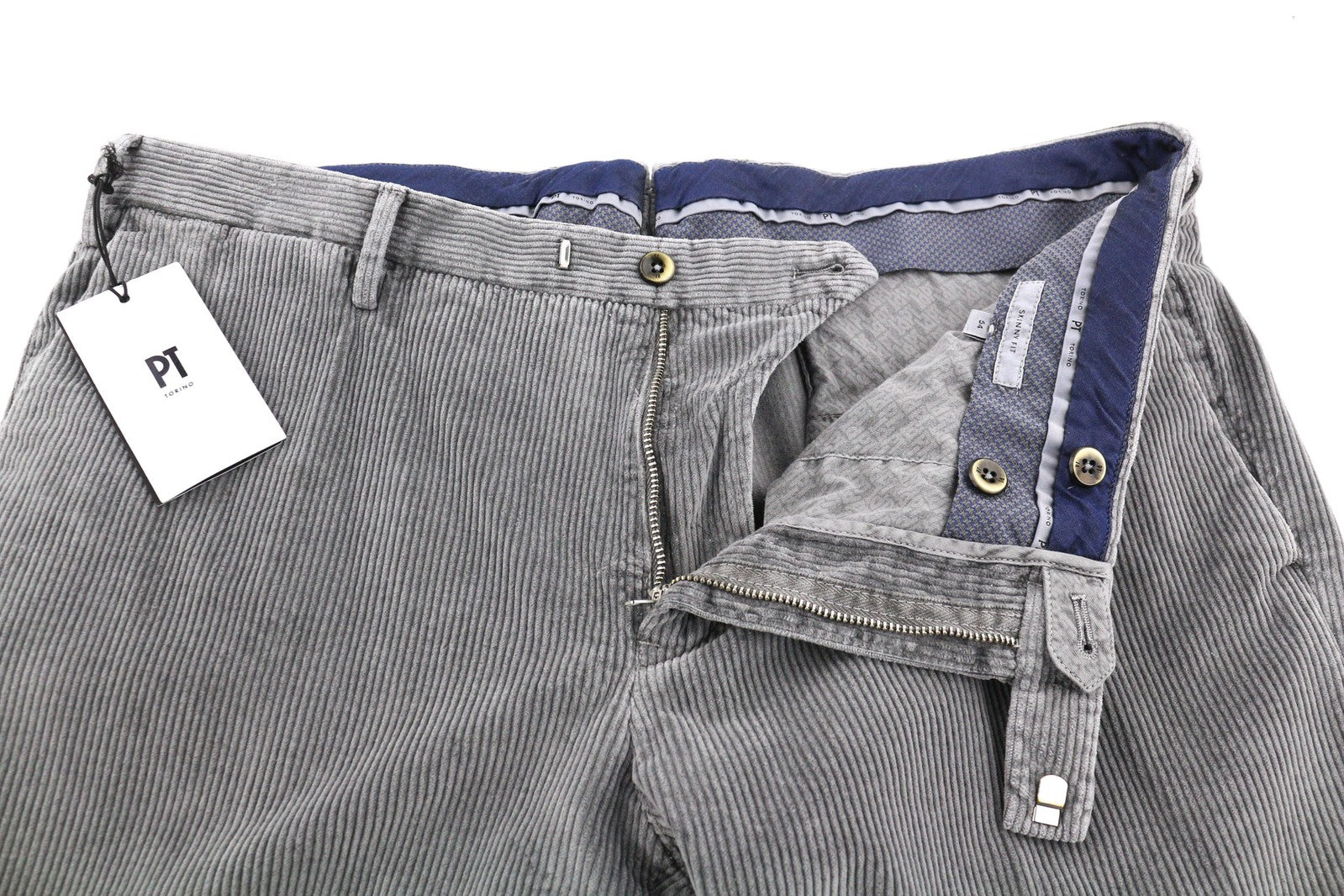 PT TORINO Men Trousers 54 W38 Skinny Grey Cotton Stretchy Corduroy Pleat Front