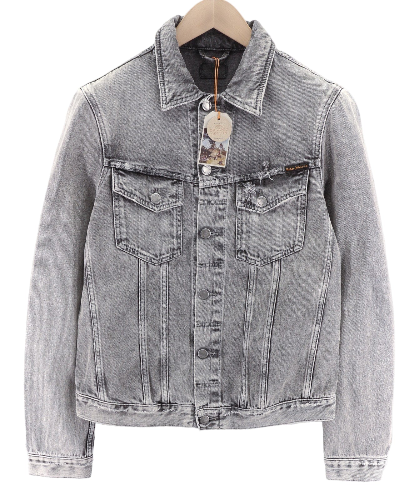 NUDIE Billy Light Grey Trashed Denim Mens Jacket M Regular Faded Button Closure