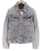 NUDIE Billy Light Grey Trashed Denim Mens Jacket M Regular Faded Button Closure