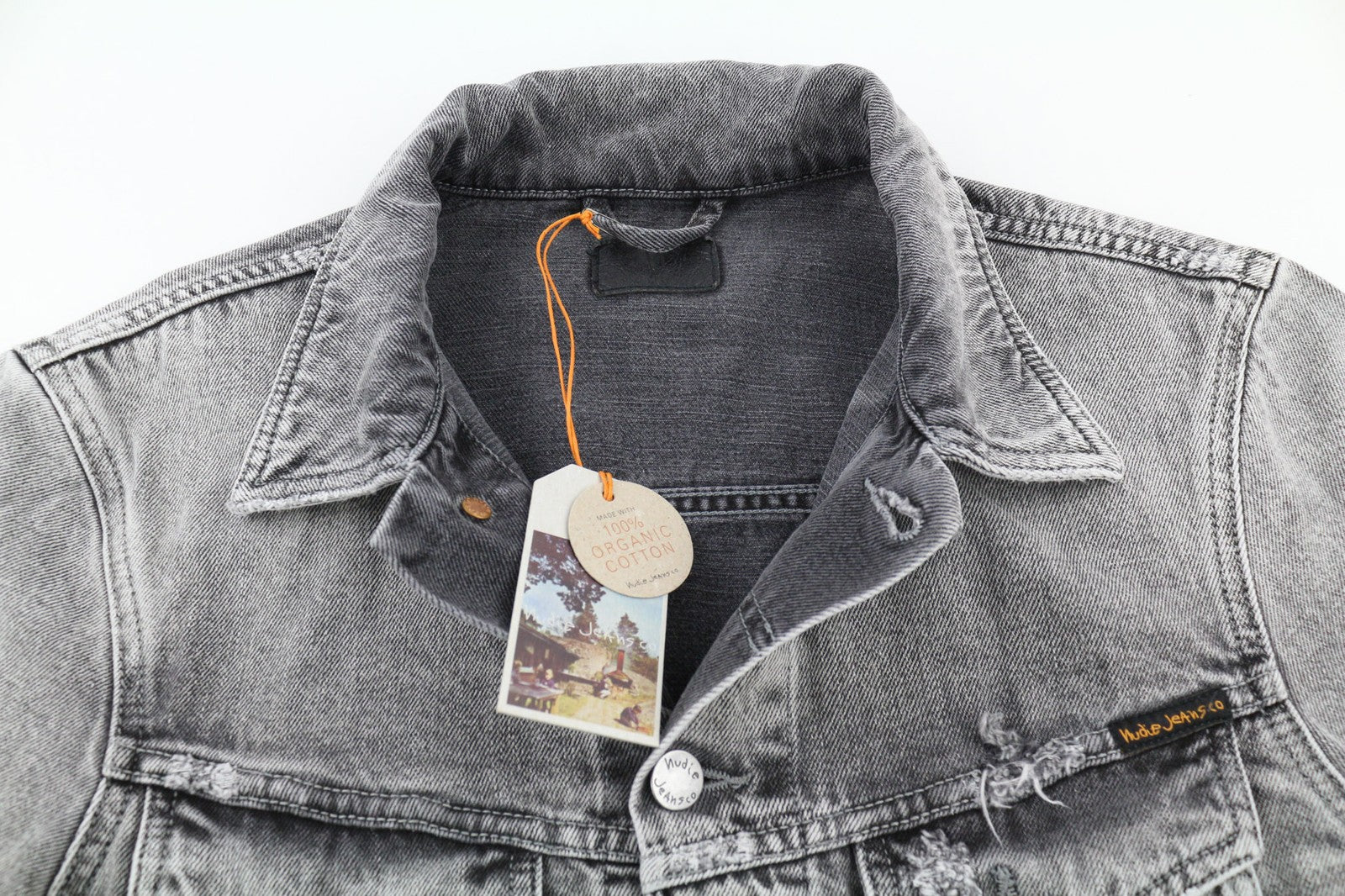 NUDIE Billy Light Grey Trashed Denim Mens Jacket M Regular Faded Button Closure