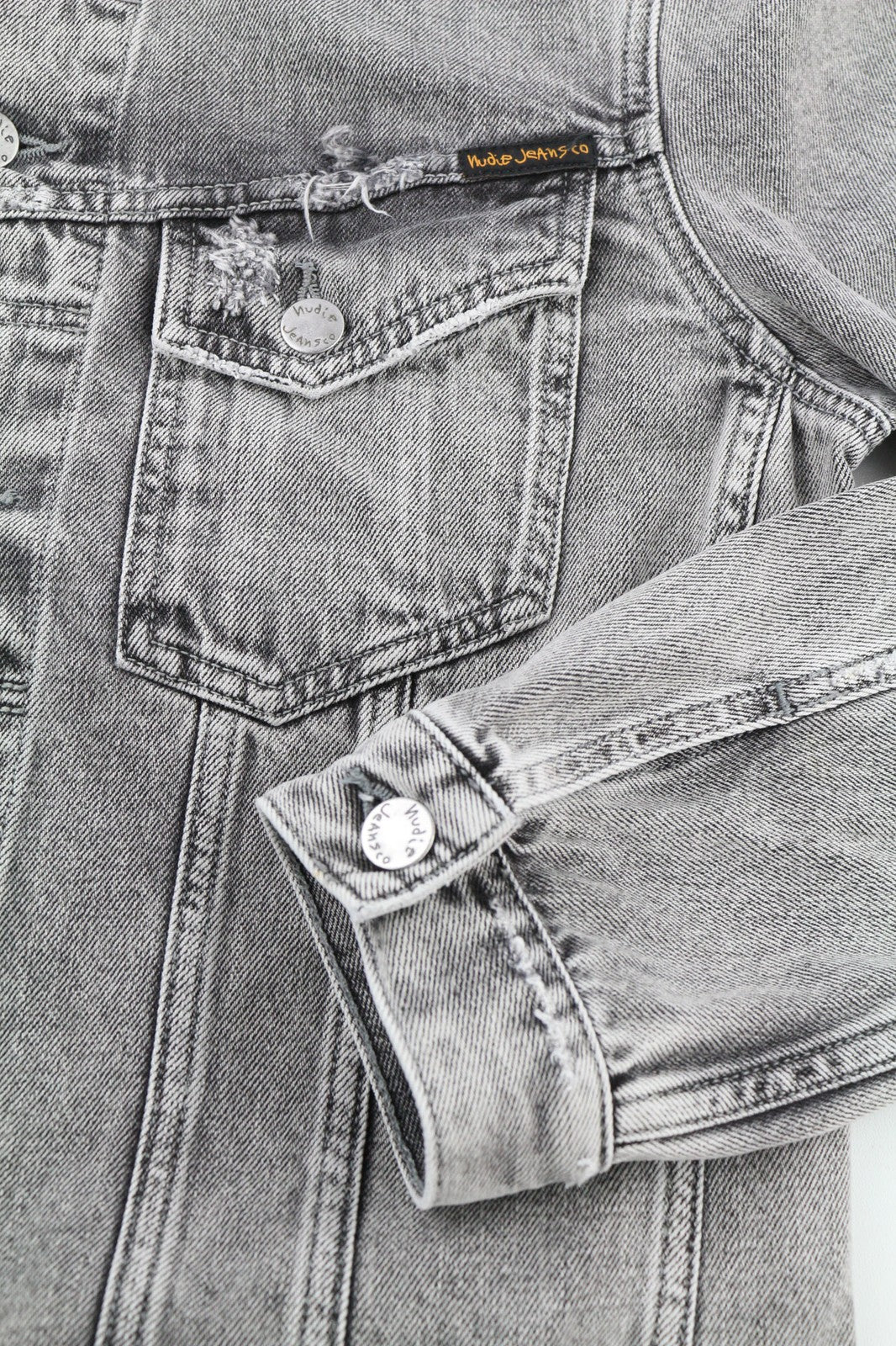 NUDIE Billy Light Grey Trashed Denim Mens Jacket M Regular Faded Button Closure