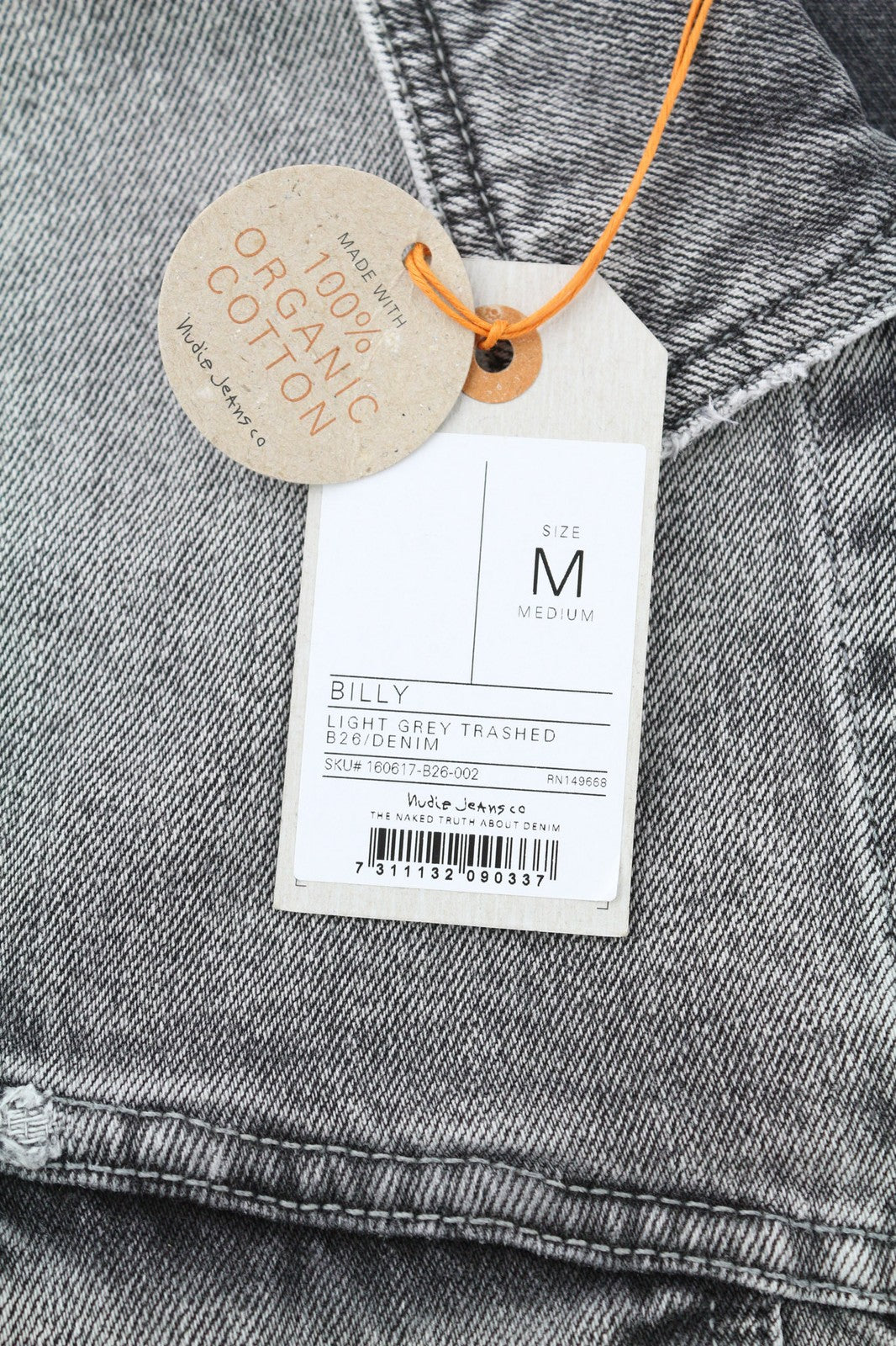 NUDIE Billy Light Grey Trashed Denim Mens Jacket M Regular Faded Button Closure