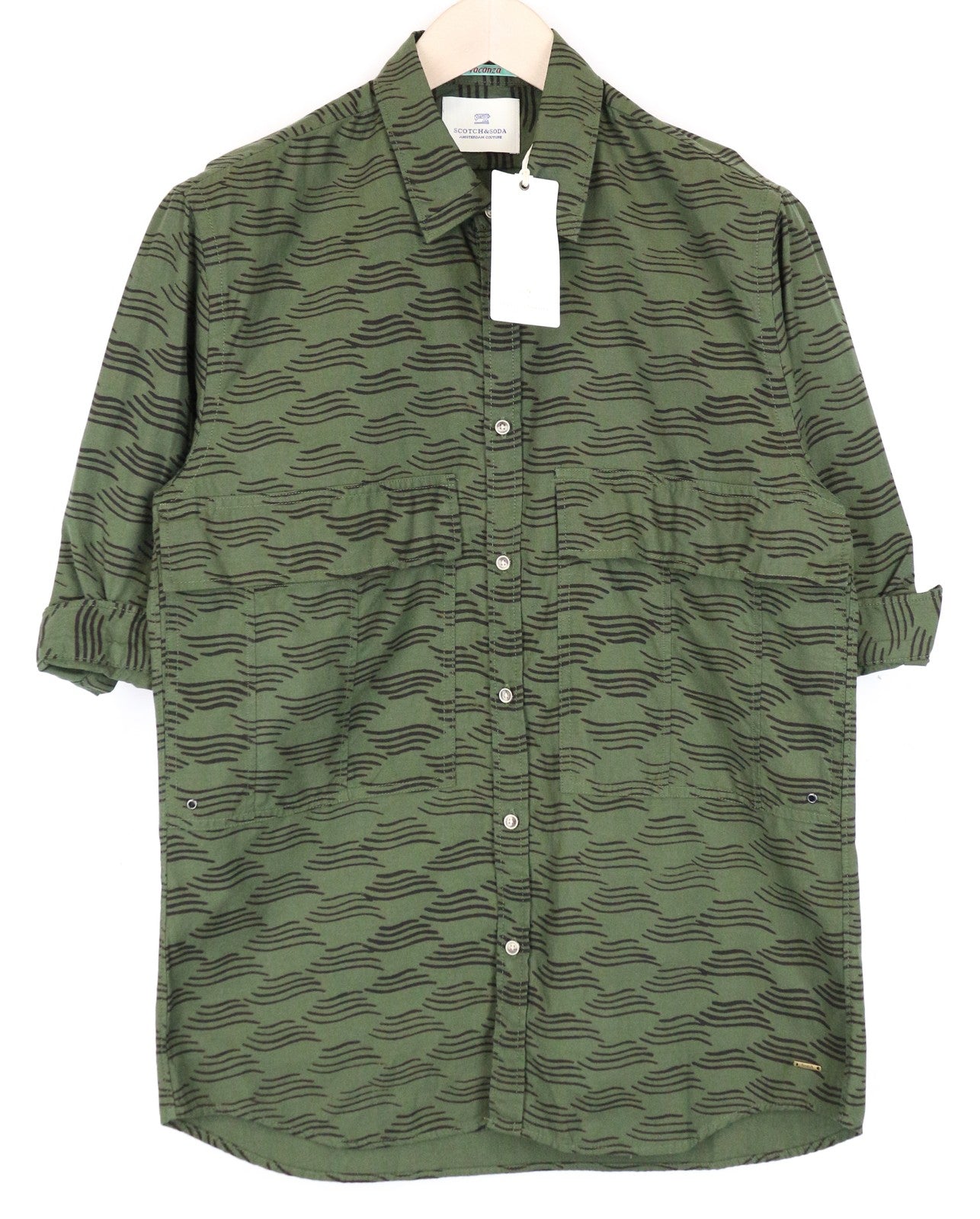 SCOTCH & SODA Vacanza Men's Shirt ~L Khaki Green Abstract Print 3/4 Sleeves
