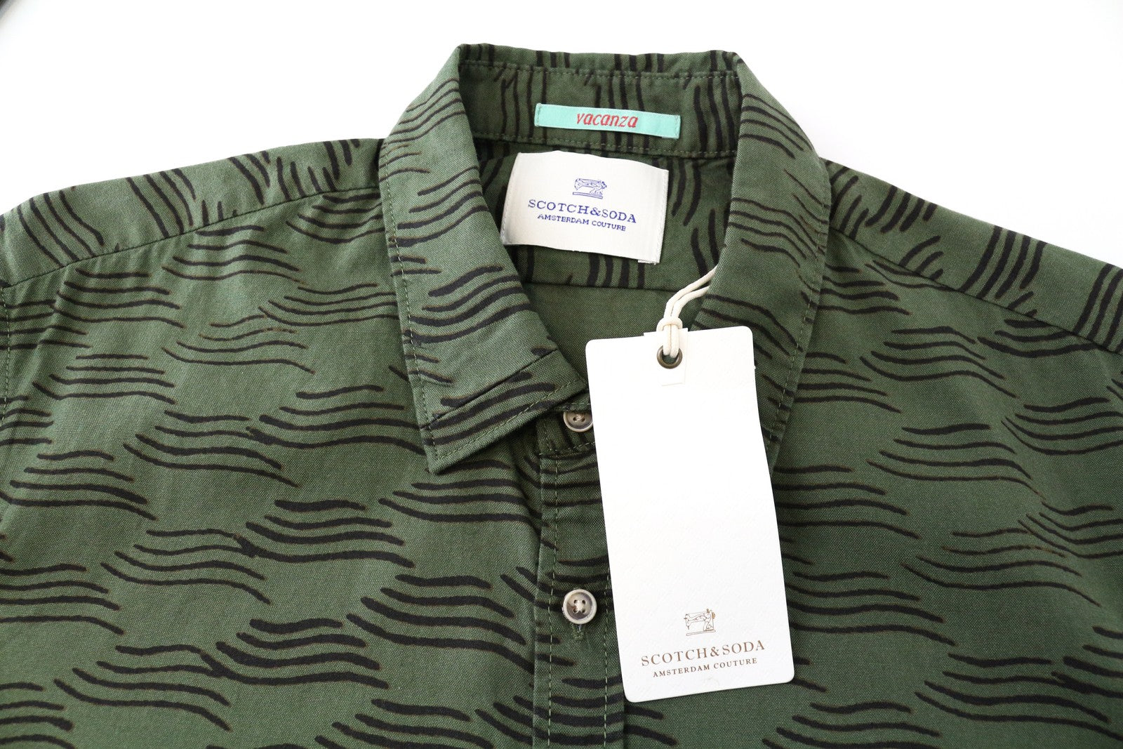 SCOTCH & SODA Vacanza Men's Shirt ~L Khaki Green Abstract Print 3/4 Sleeves