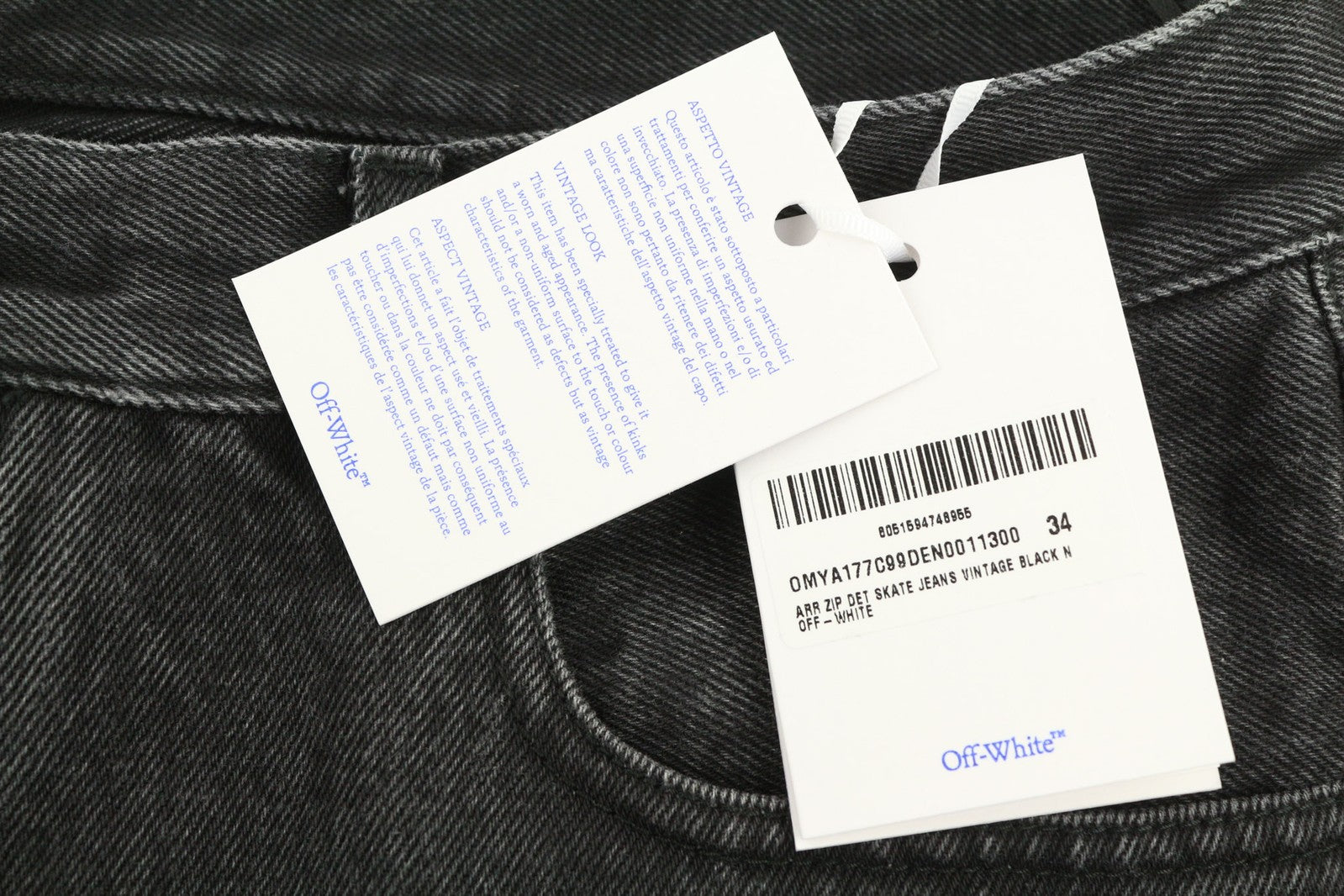 OFF-WHITE Men Jeans 34 Zip Detailed Skate Vintage Black 100%Cotton RRP€550