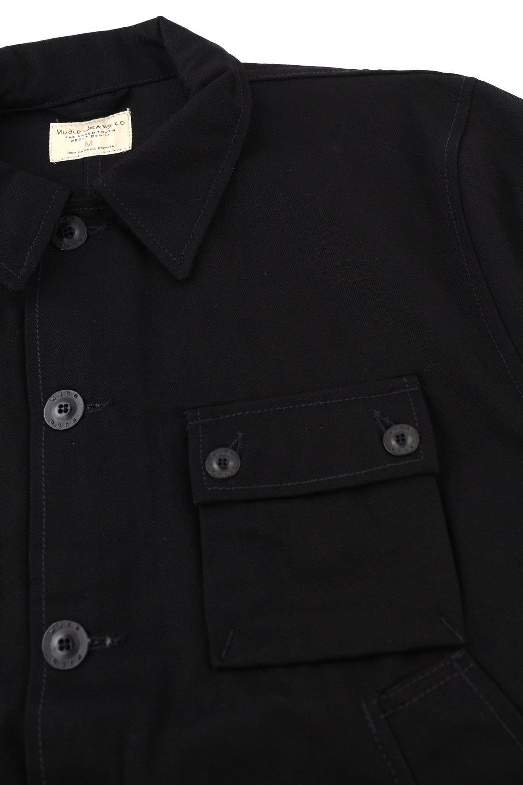NUDIE Jonathan Men Jacket M Worker Neck Buttoned Patch Pockets Denim Black