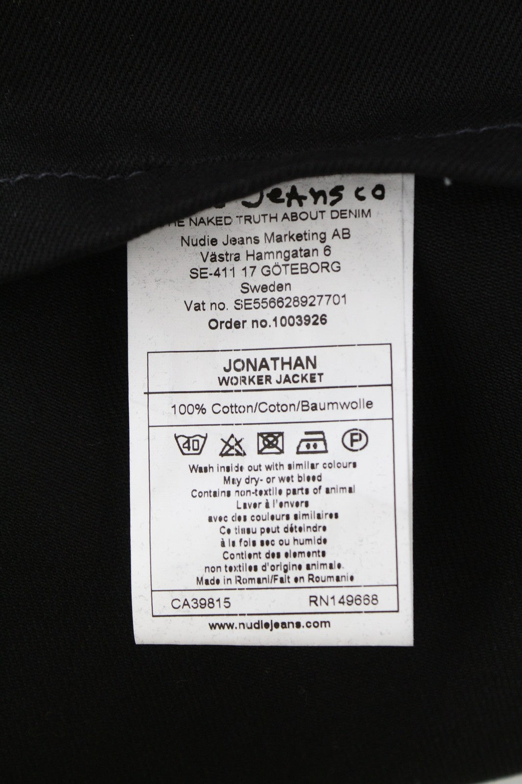 NUDIE Jonathan Men Jacket M Worker Neck Buttoned Patch Pockets Denim Black