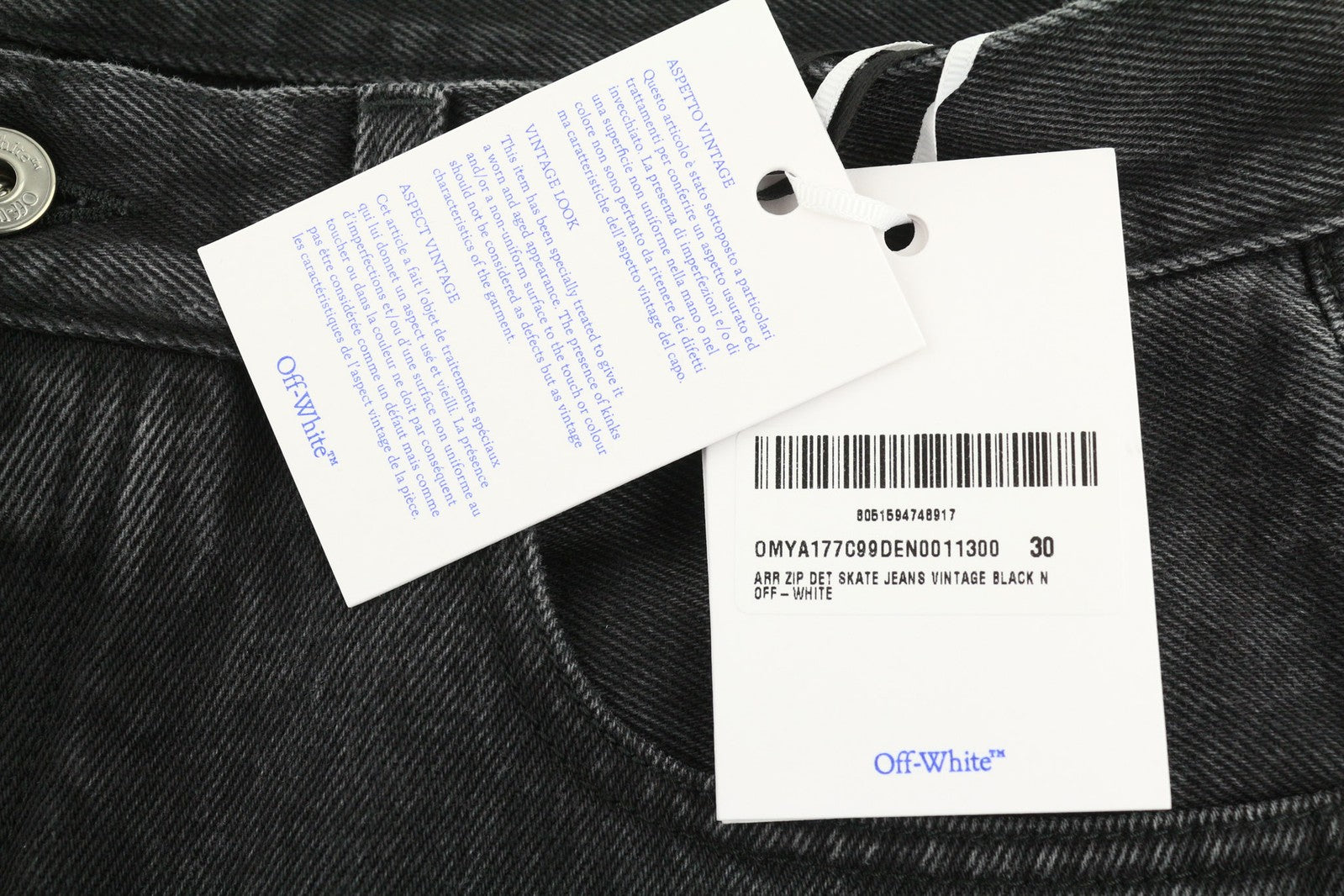 OFF-WHITE Men Jeans 30 Zip Detailed Skate Vintage Black Butto-Fly RRP€550