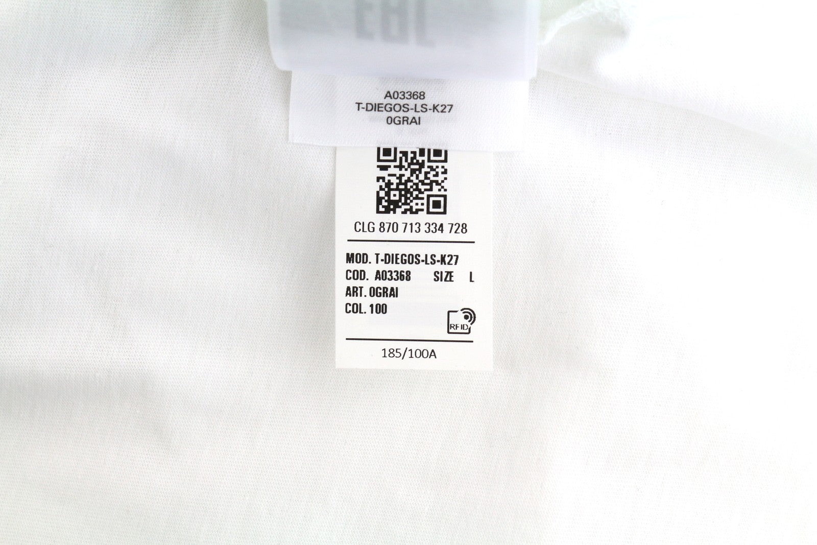 DIESEL T-Diegos-LS-K27 Men T-Shirt L White Cotton Long Sleeved Crew Neck Tricot