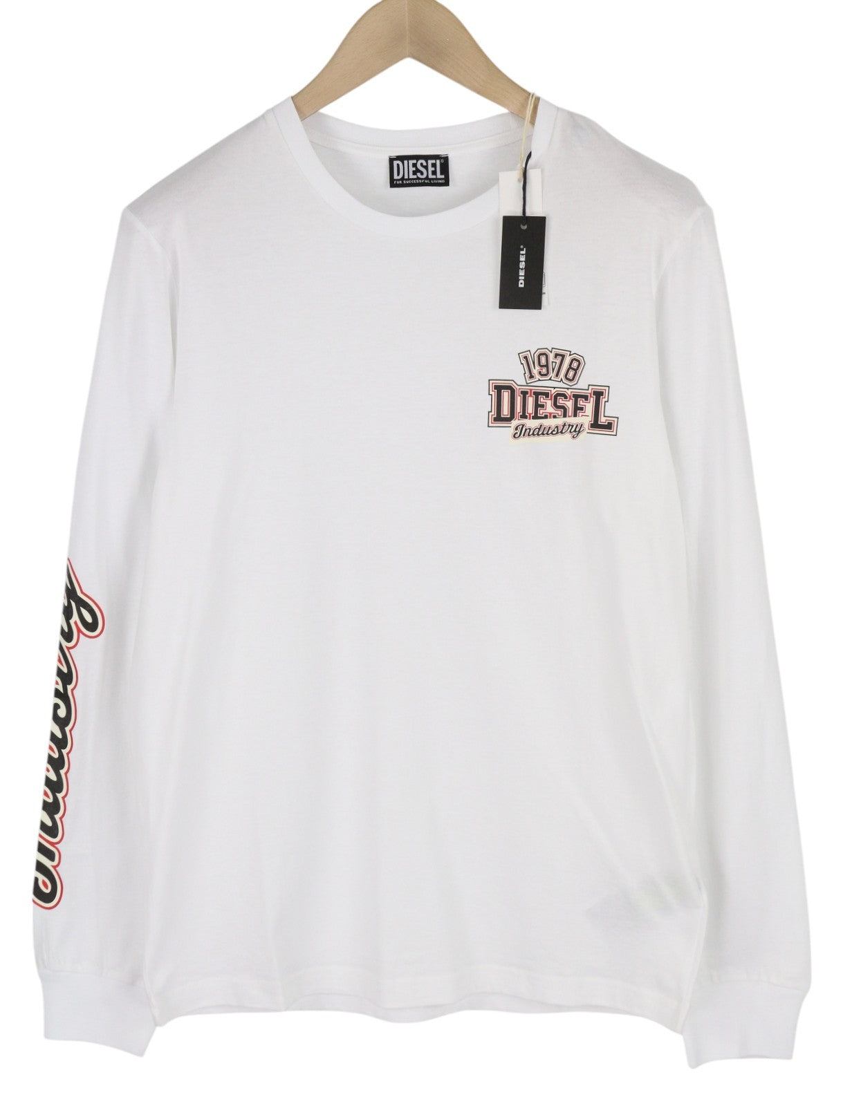 DIESEL T-Diegos-LS-K27 Men T-Shirt L White Cotton Long Sleeved Crew Neck Tricot