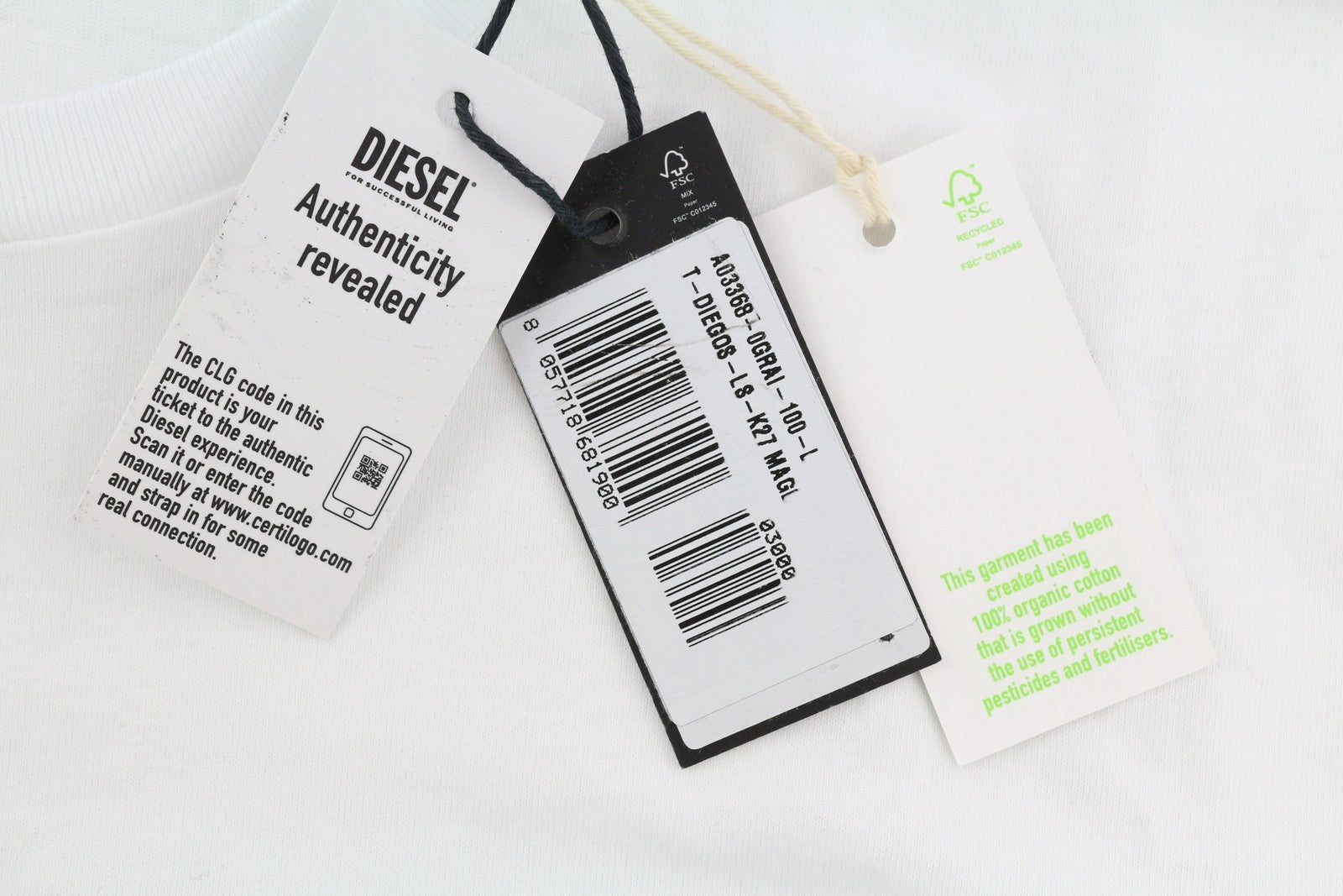 DIESEL T-Diegos-LS-K27 Men T-Shirt L White Cotton Long Sleeved Crew Neck Tricot