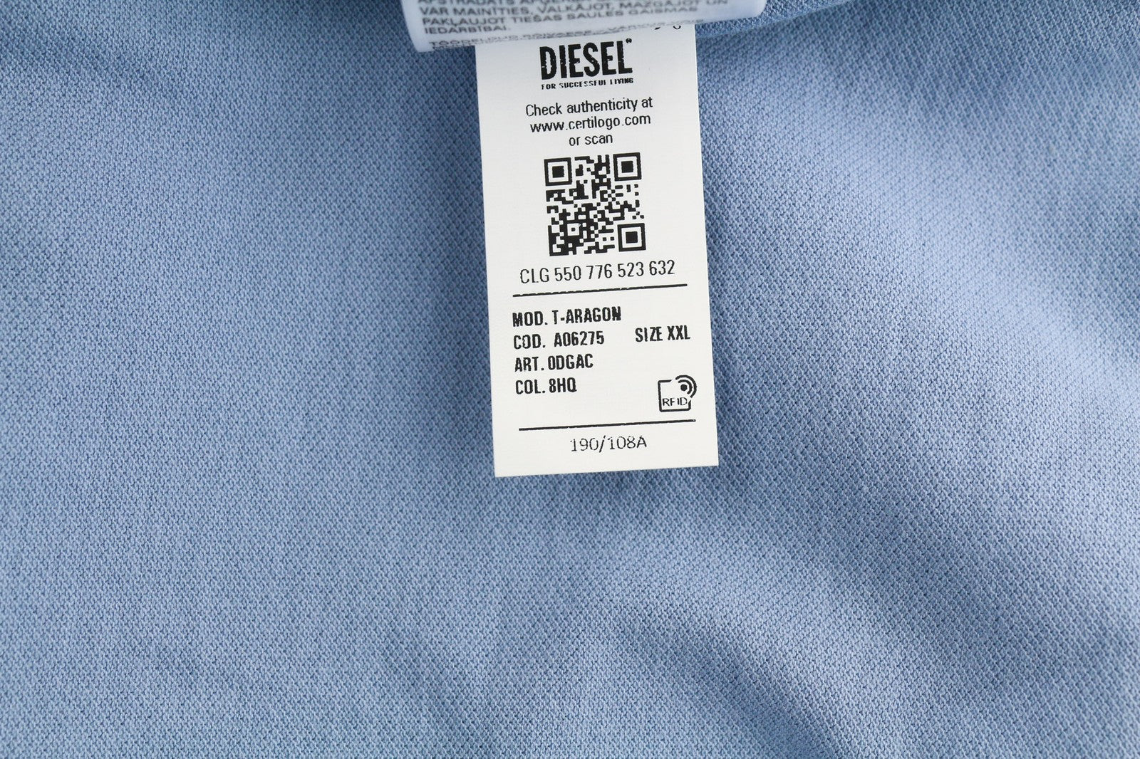 DIESEL T-Aragon Mens T-Shirt 2XL Short Sleeve Polo Half Zip Light Blue RRP€150