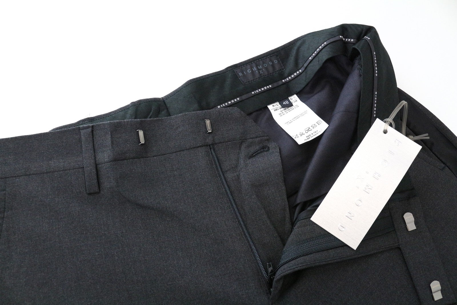 RICHMOND Men's Trousers 48 Straight Dark Grey Pleated Zip-Fly Chino Melange