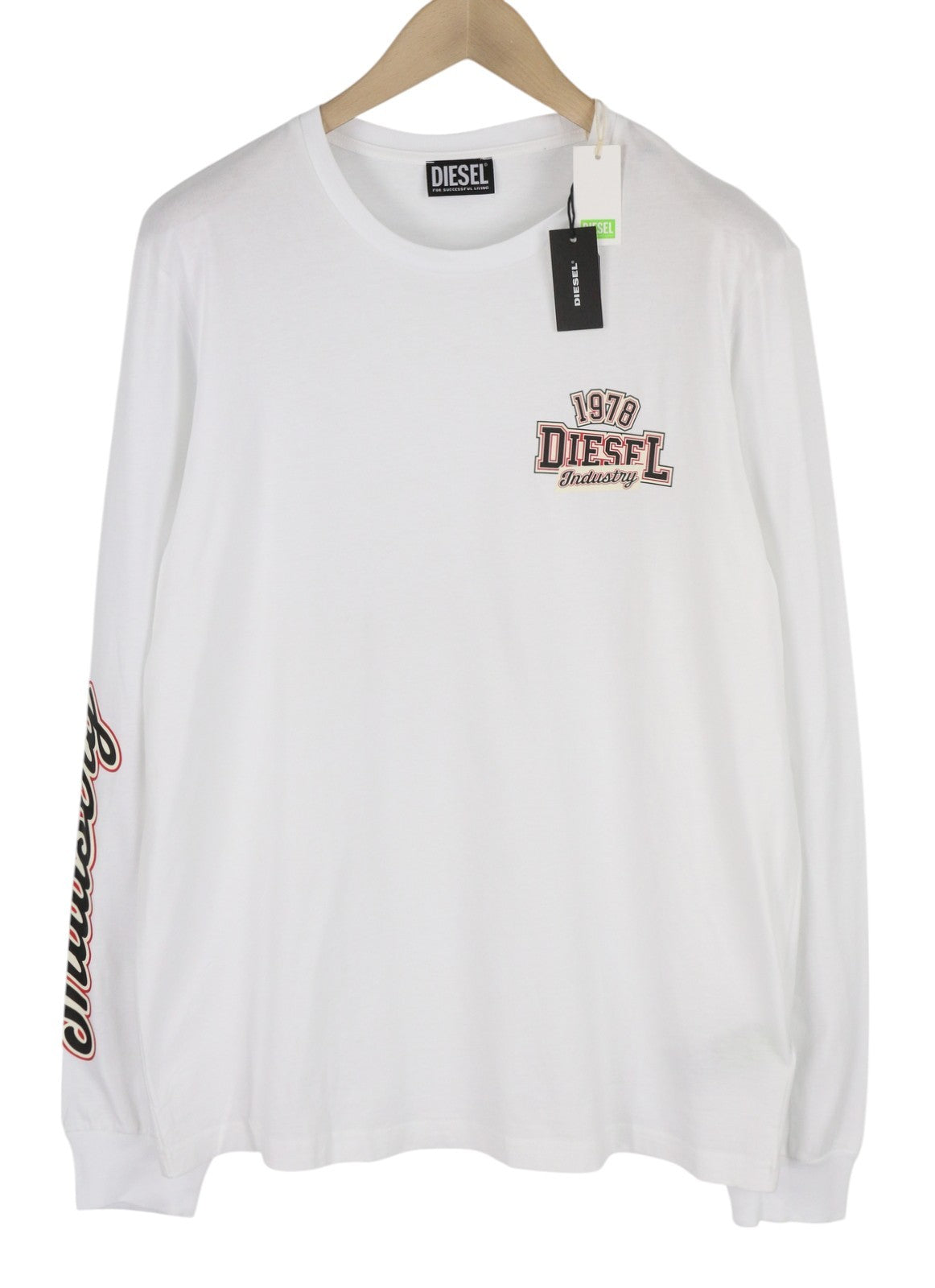 DIESEL T-Diegos-LS-K27 Men T-Shirt XL White Cotton Long Sleeved Crew Collar Logo