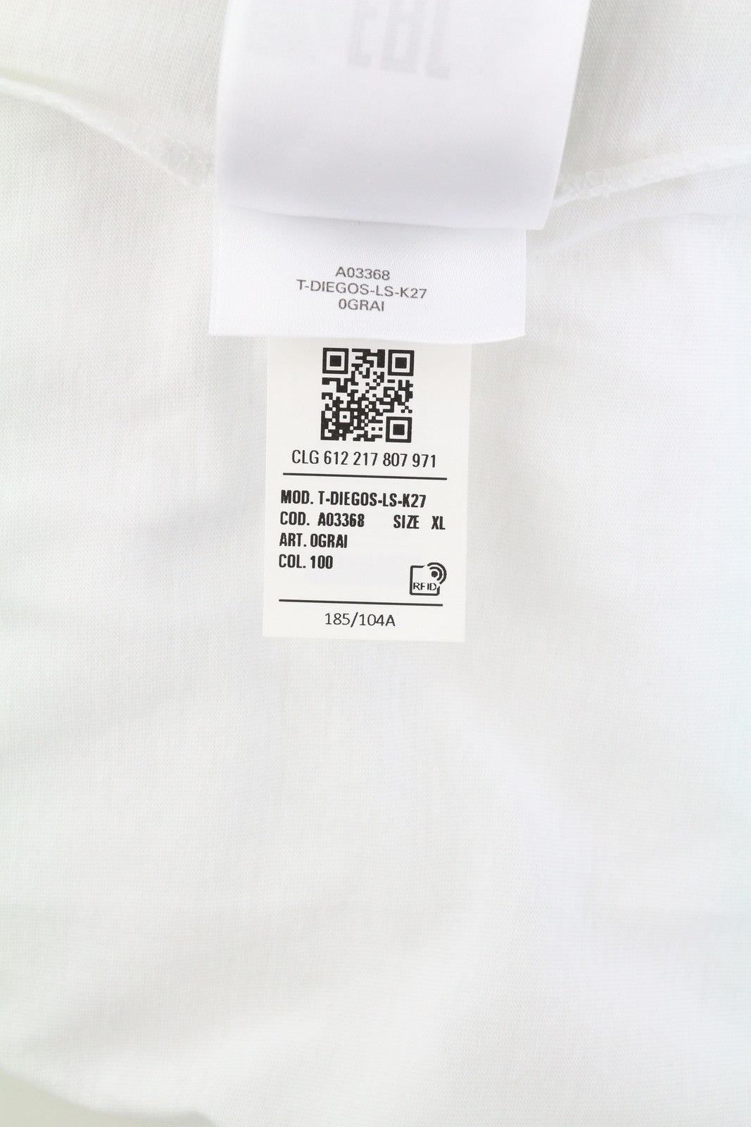 DIESEL T-Diegos-LS-K27 Men T-Shirt XL White Cotton Long Sleeved Crew Collar Logo