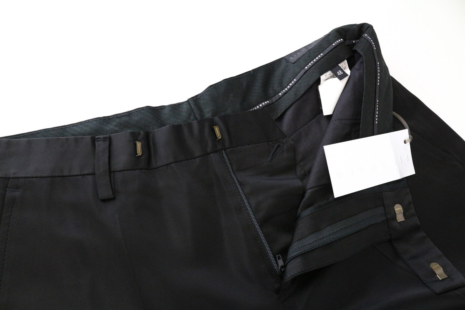 RICHMOND Men's Trousers 48 Slim Fit Black Pleated Zip-Fly Solid Chino Style