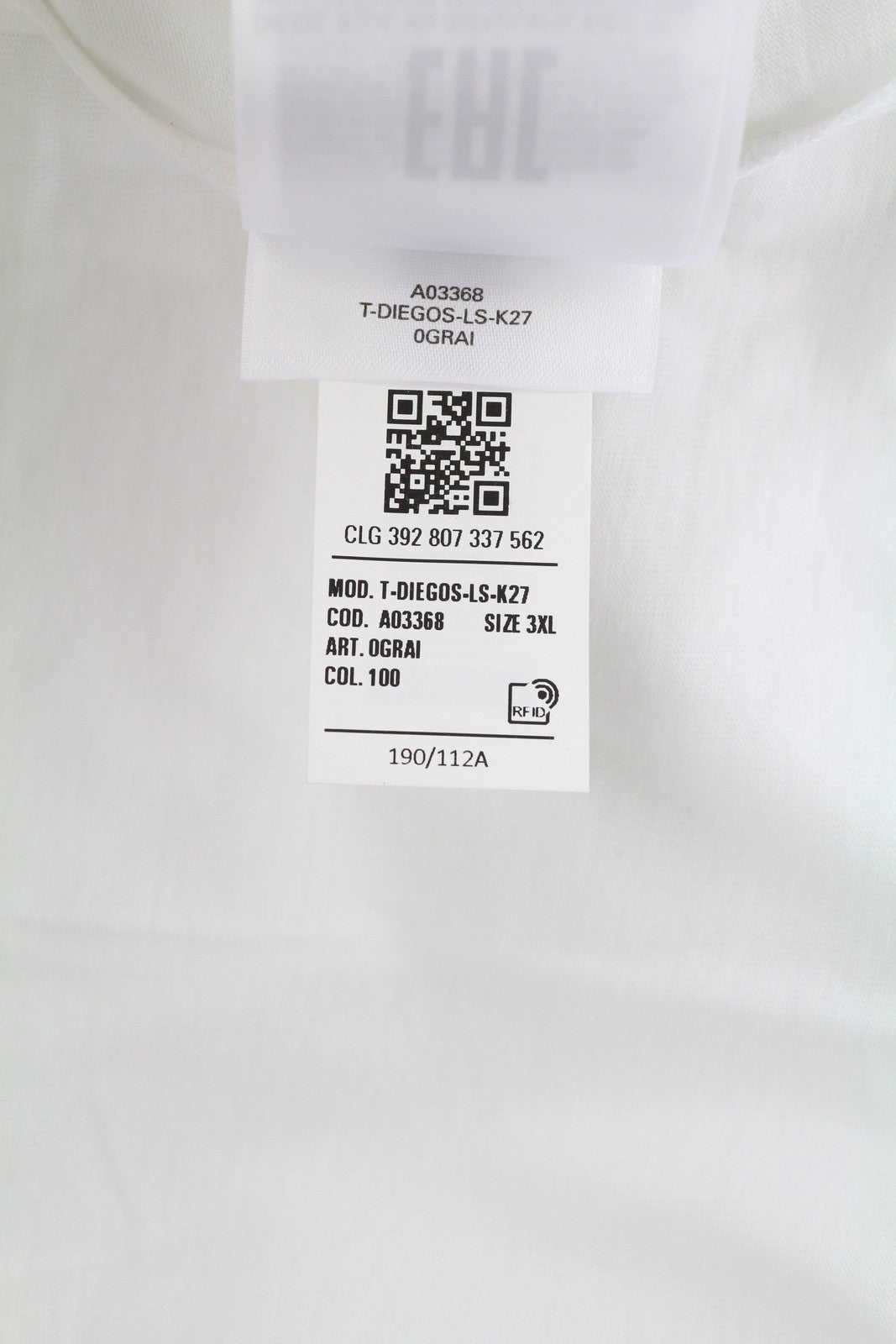 DIESEL T-Diegos-LS-K27 Men T-Shirt 3XL White Cotton Long Sleeve Crew Neck Tricot