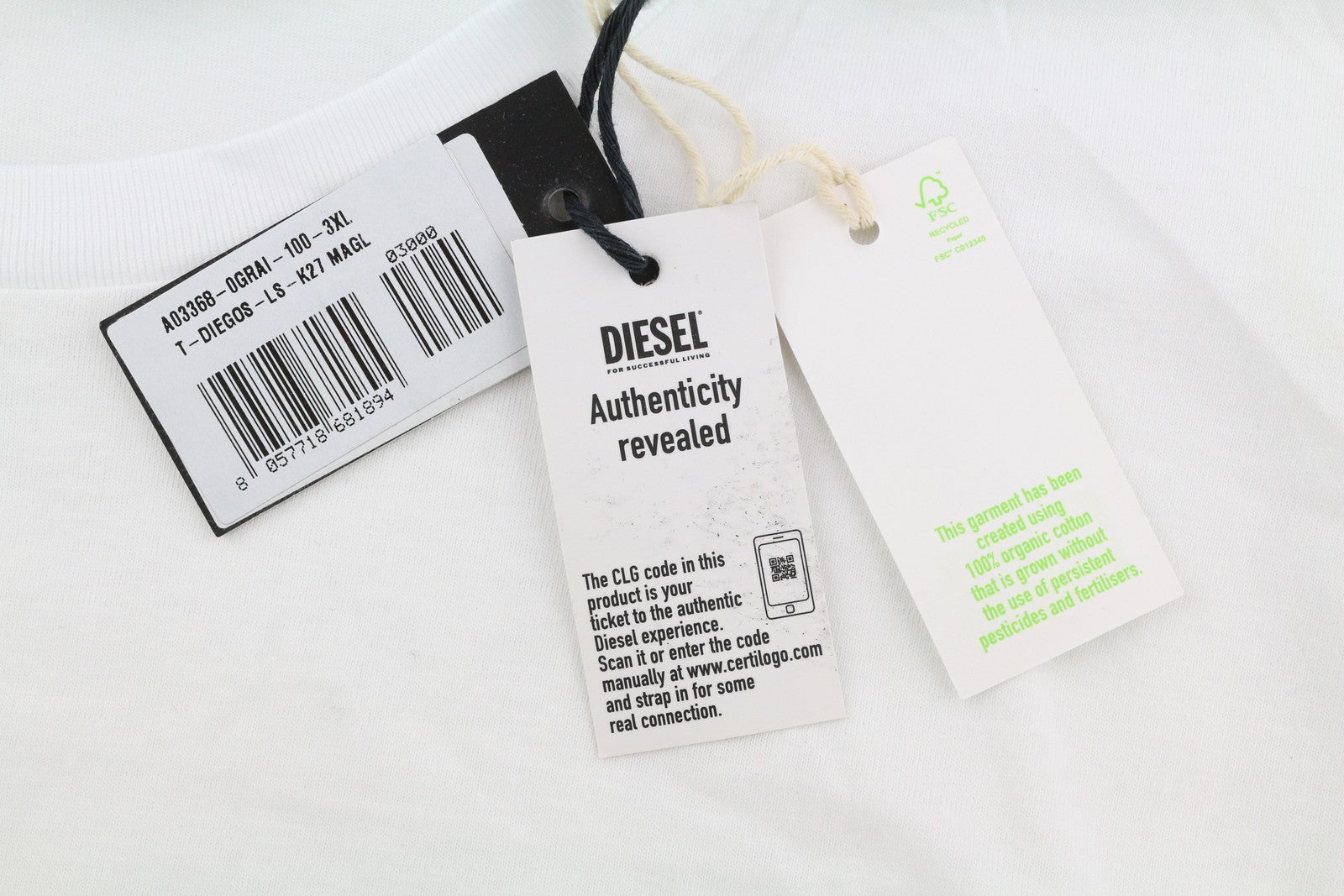 DIESEL T-Diegos-LS-K27 Men T-Shirt 3XL White Cotton Long Sleeve Crew Neck Tricot