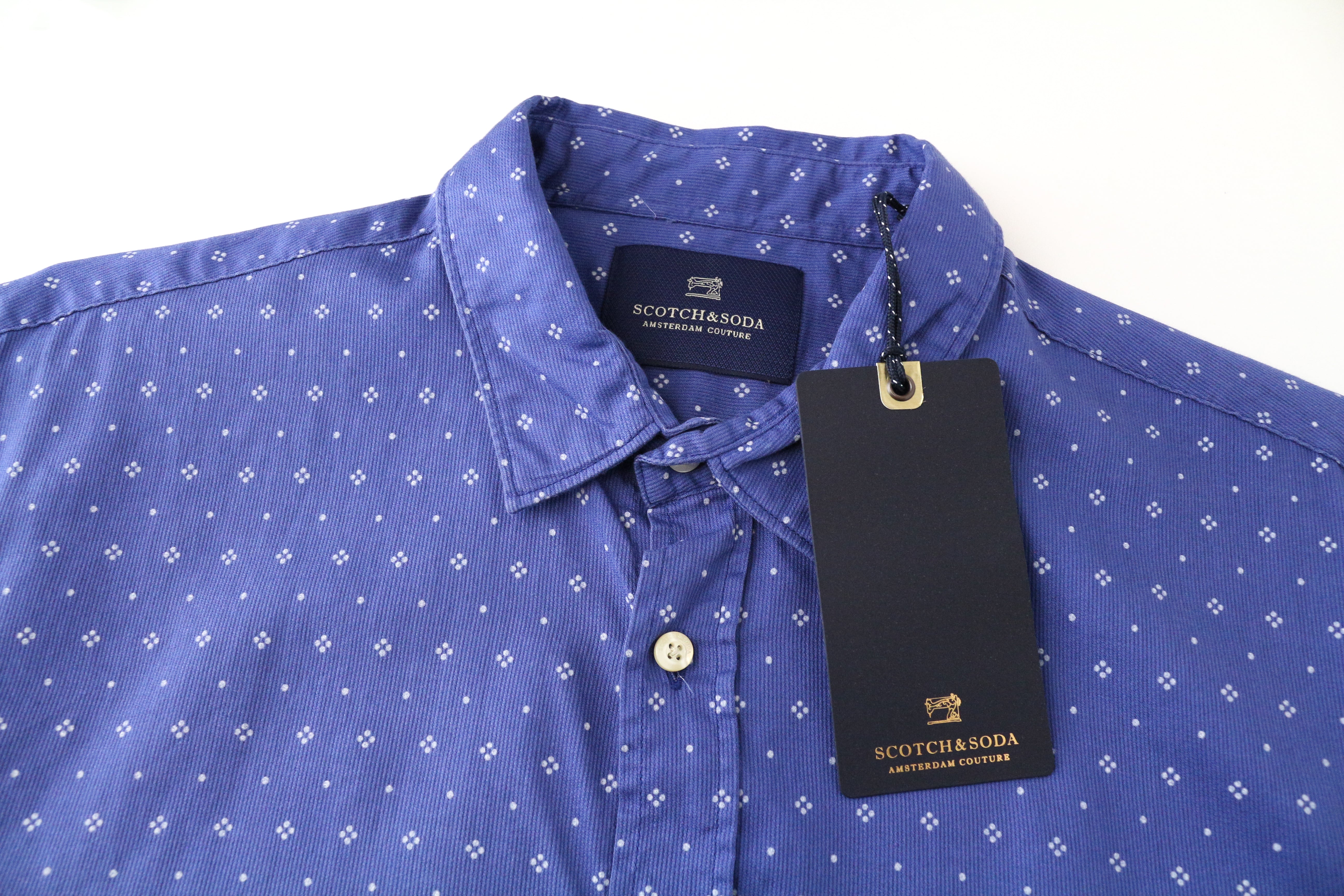 SCOTCH & SODA Men's Shirt M Blue Printed Button-Up Spread Collar Pure Cotton