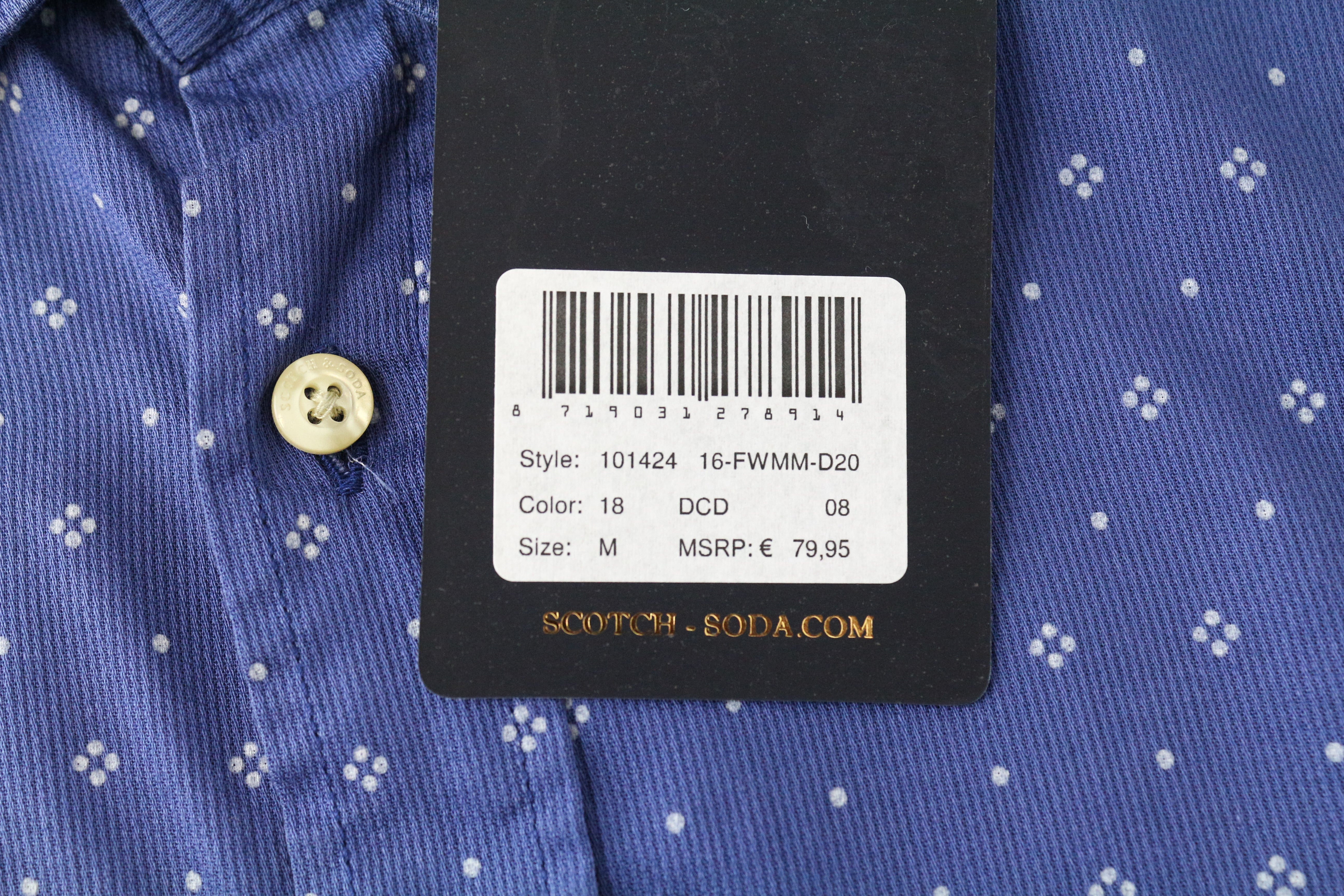 SCOTCH & SODA Men's Shirt M Blue Printed Button-Up Spread Collar Pure Cotton