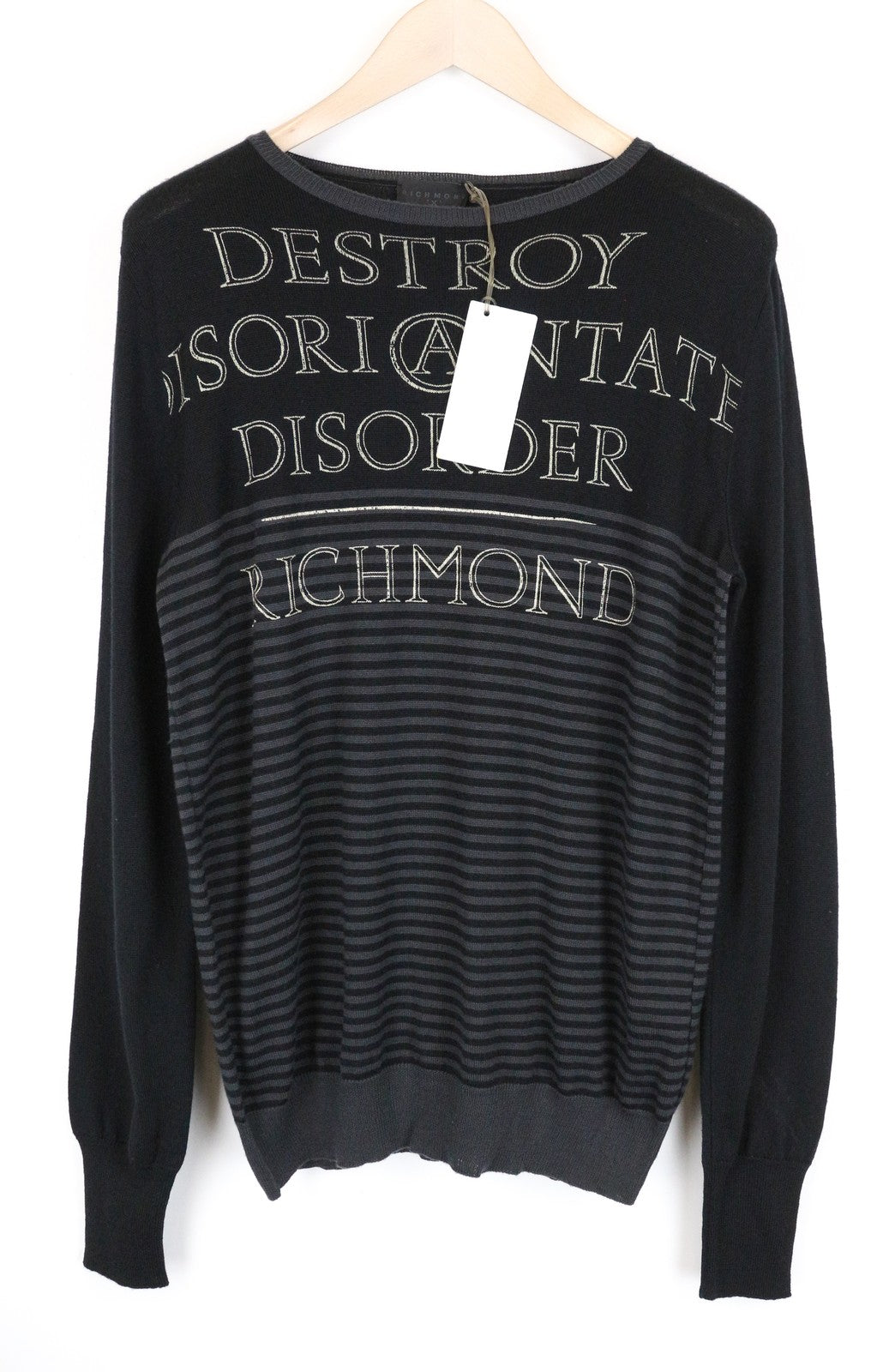 RICHMOND X Men's Jumper 50 Virgin Wool Knitted Sweater Striped Slogan Black