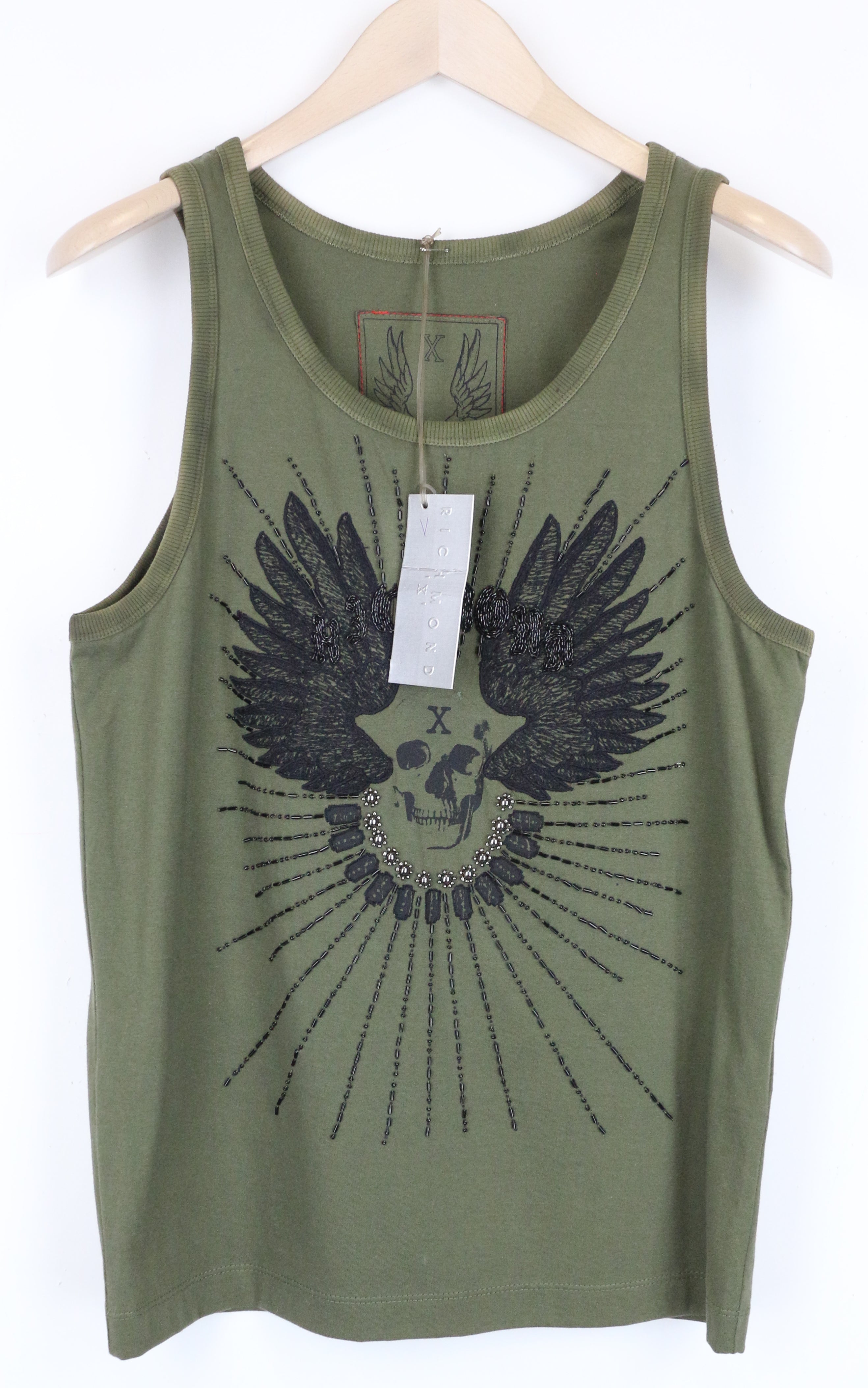 RICHMOND X Men's T-Shirt L Printed Beaded Front Khaki Green Sleeveless