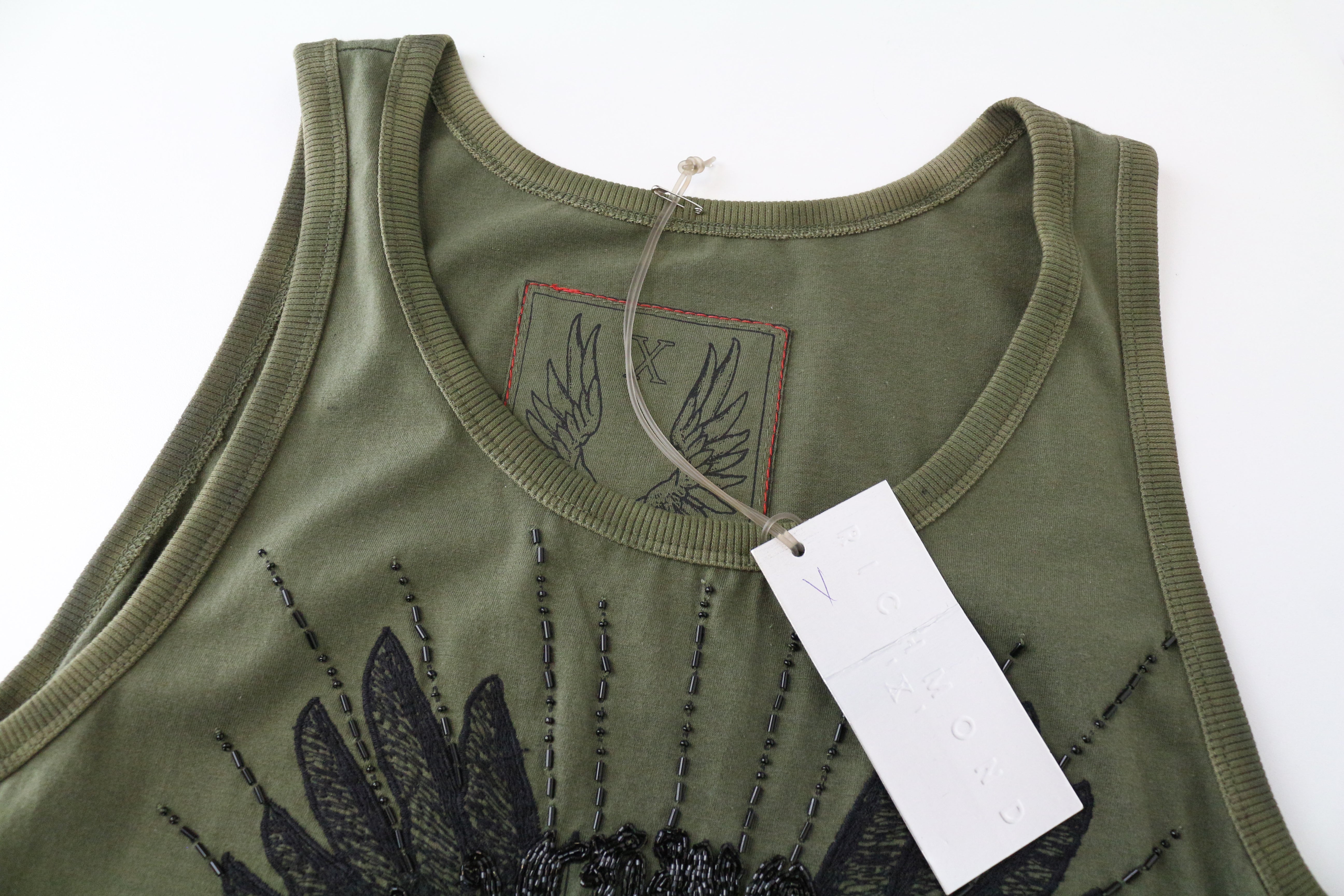 RICHMOND X Men's T-Shirt L Printed Beaded Front Khaki Green Sleeveless