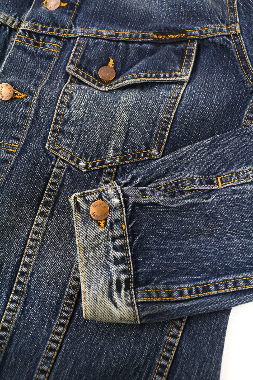 NUDIE JEANS Terry Org. Streaky Denim Mens Jacket M  Cotton Washed Denim Blue