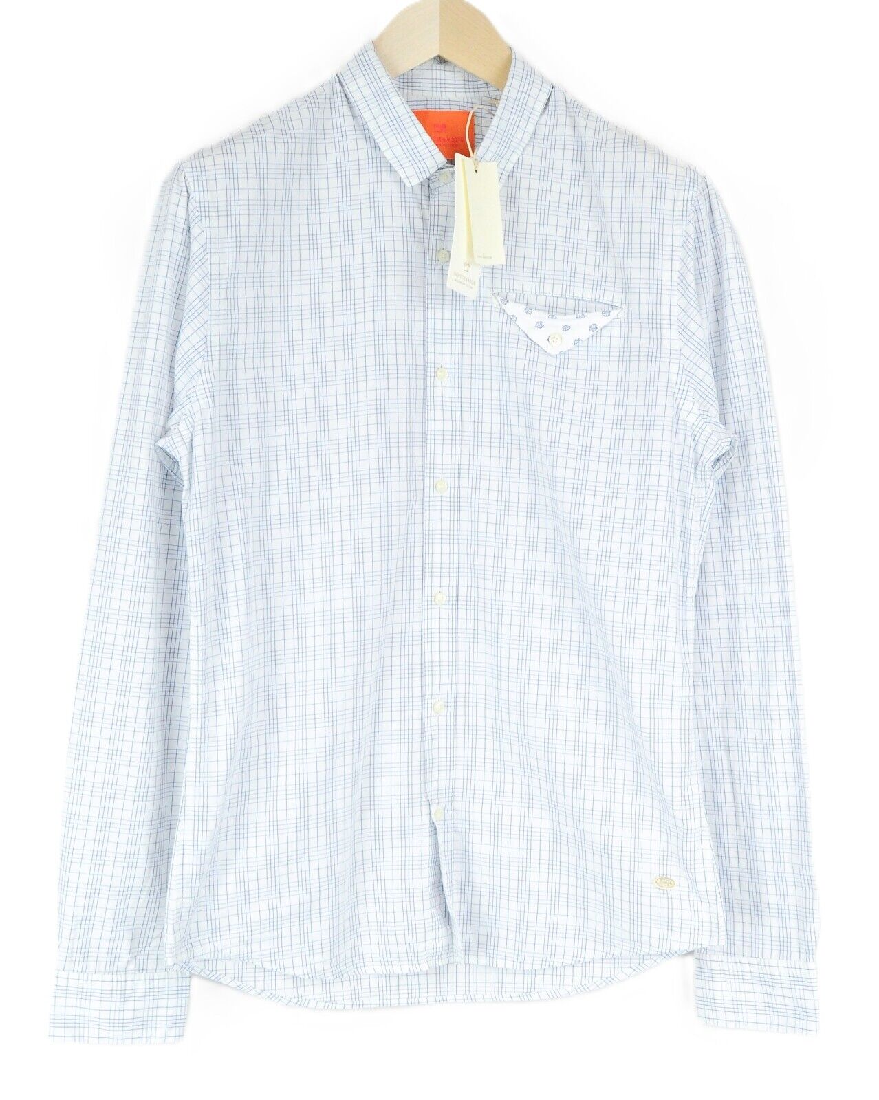SCOTCH & SODA Ams Couture Men Shirt L Slim Fit Cotton White & Blue Checked