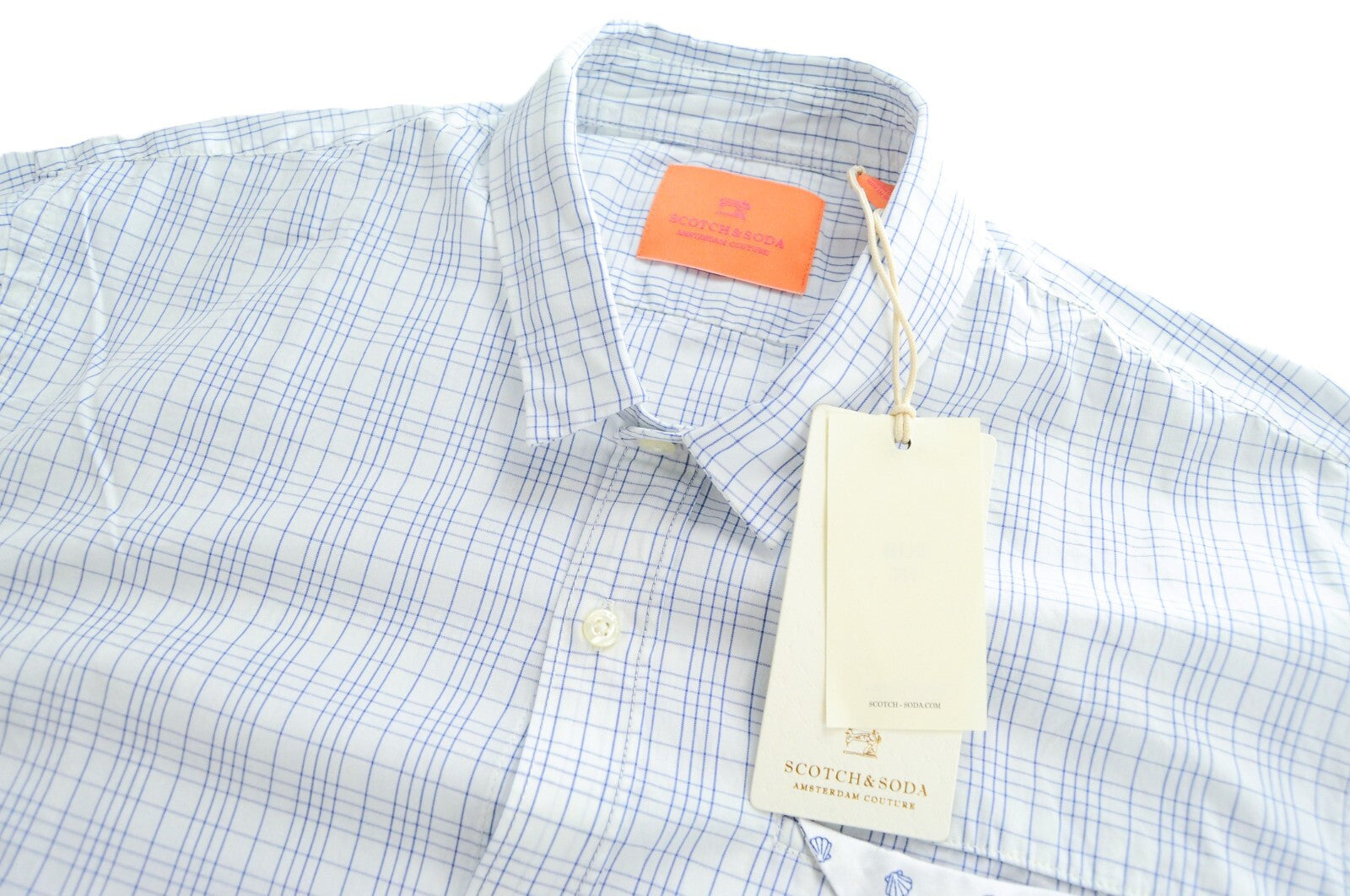 SCOTCH & SODA Ams Couture Men Shirt L Slim Fit Cotton White & Blue Checked