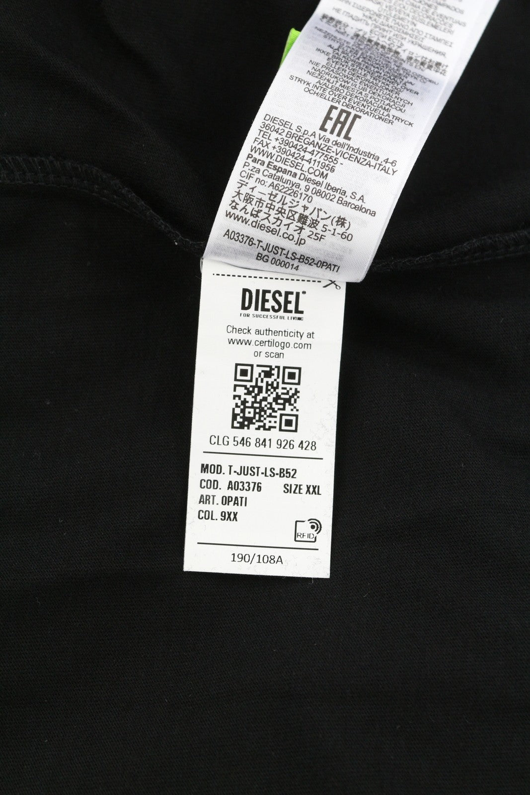 DIESEL T-Just-LS-B52 Men T-Shirt 2XL Black Crew Neck Long Sleeve Tricot RRP€90