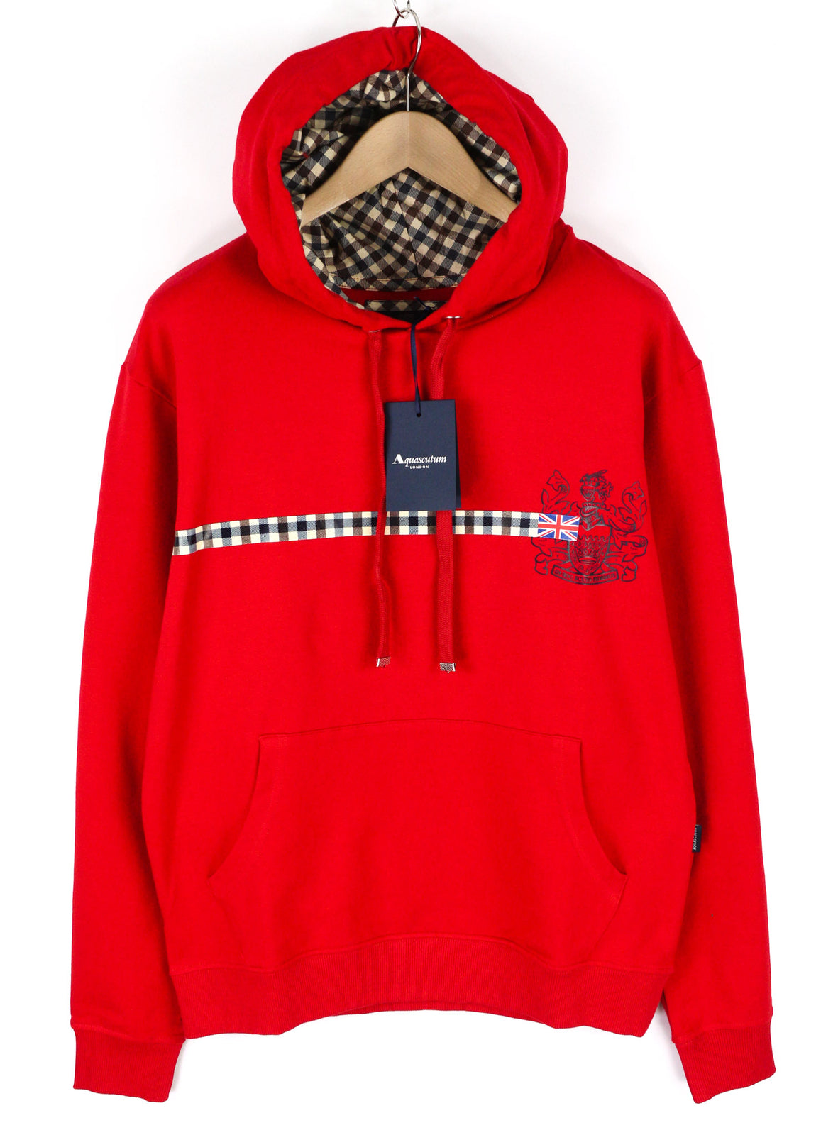AQUASCUTUM FCIA26 Men Hoodie M Red Kangaroo Pocket Hooded Pullover Straps Logo
