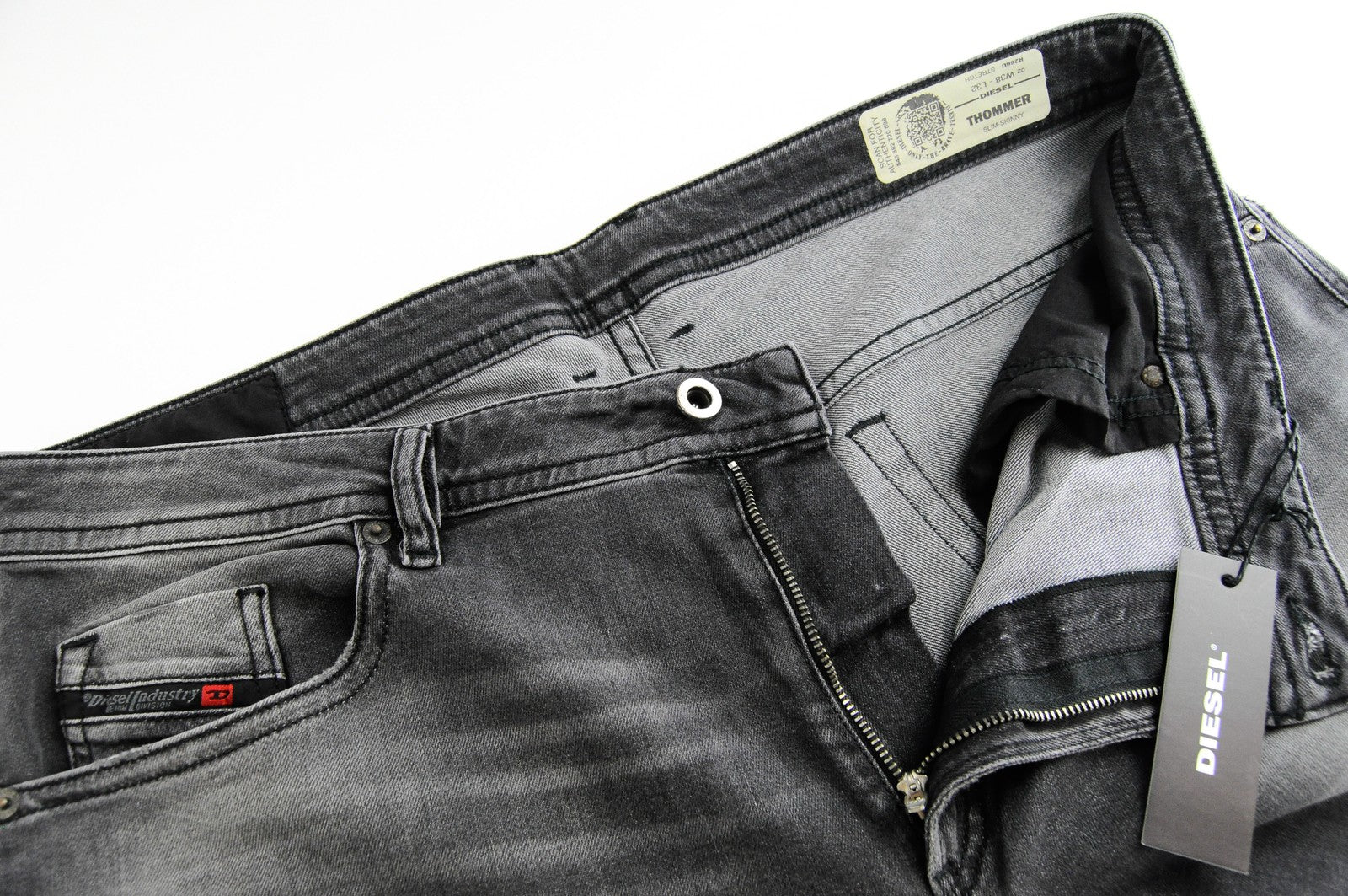 DIESEL Thommer R266U vyriški džinsai W38/L32 Slim Fit, plėšytos, pilkos, tamprios 