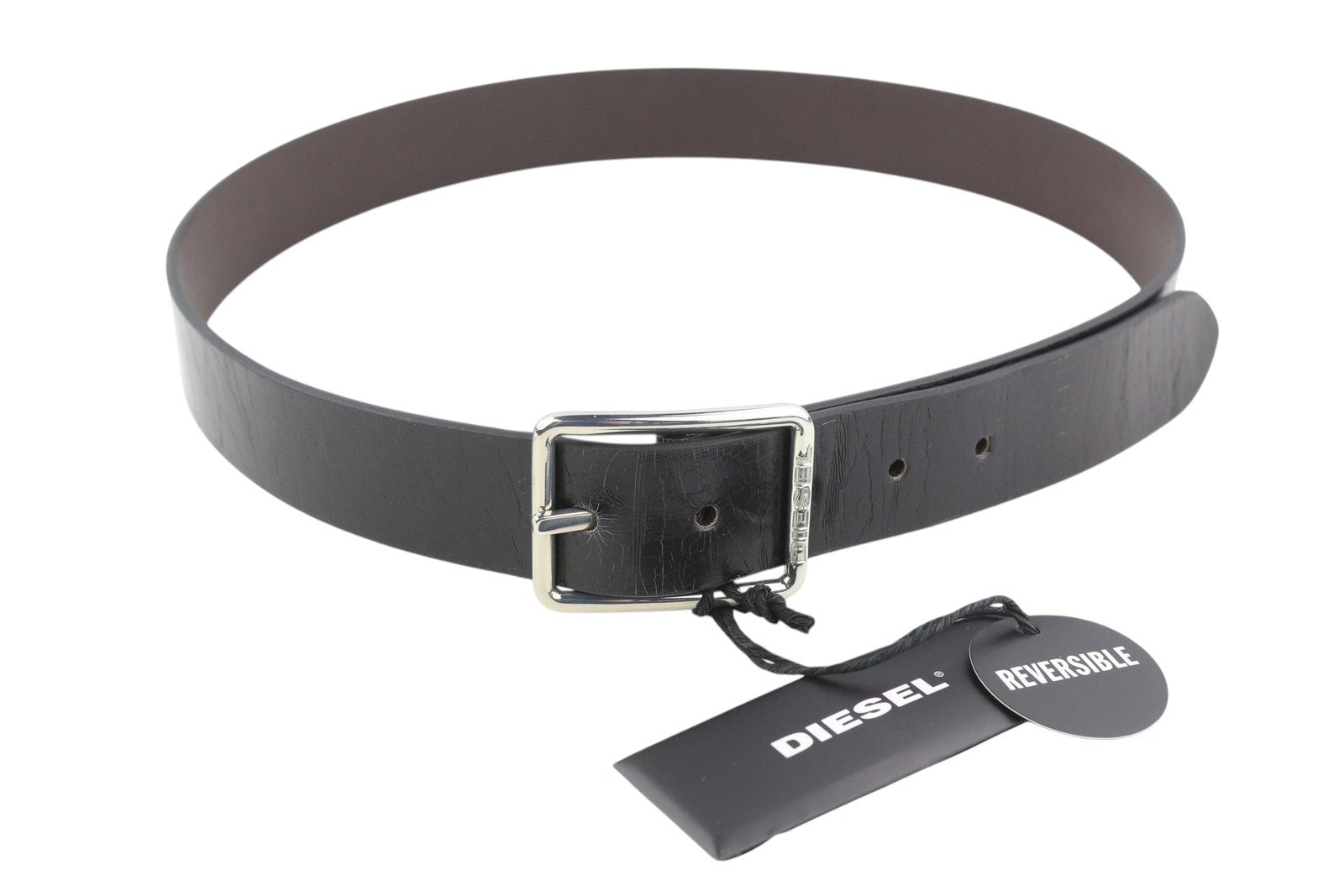 DIESEL B-Photo Men Belt 95 CM Black Leather Silver Tone Buckle Reversible Casual