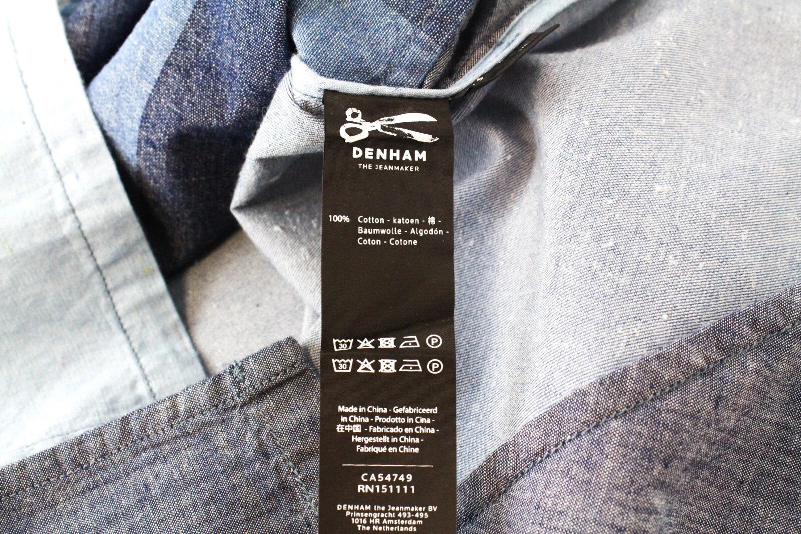 DENHAM Seascape Women's T-Shirt S Blue Patterned Cotton Short Sleeve Denim Look