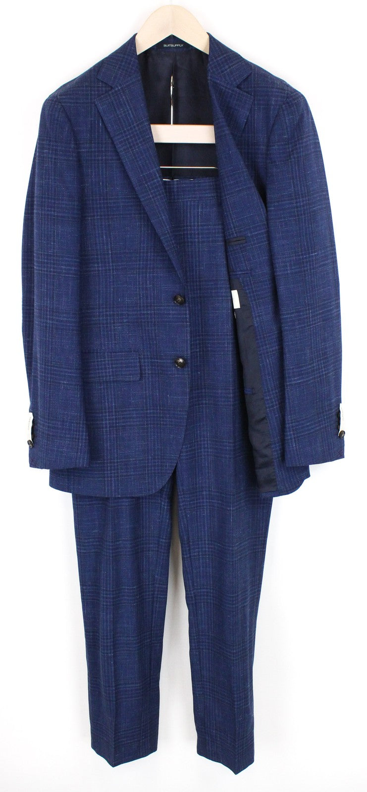 SUITSUPPLY Havana Men's Suit UK36R Blue Checked 2-Piece Wool Silk Linen Slim