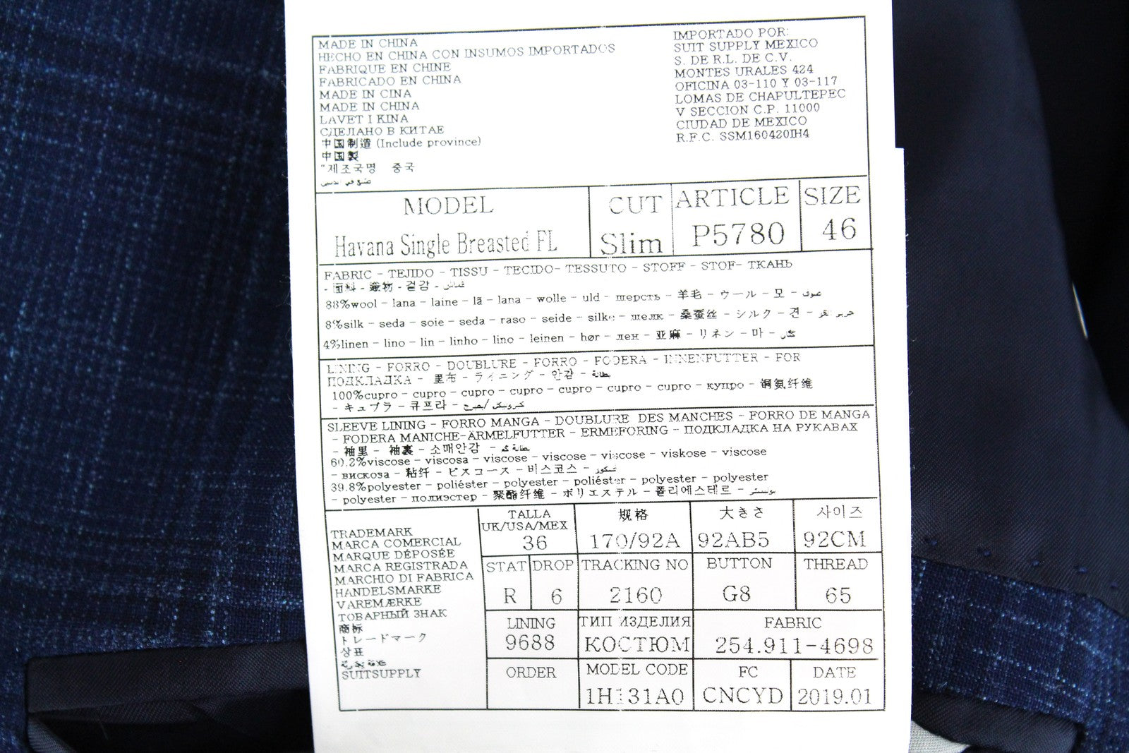 SUITSUPPLY Havana Men's Suit UK36R Blue Checked 2-Piece Wool Silk Linen Slim