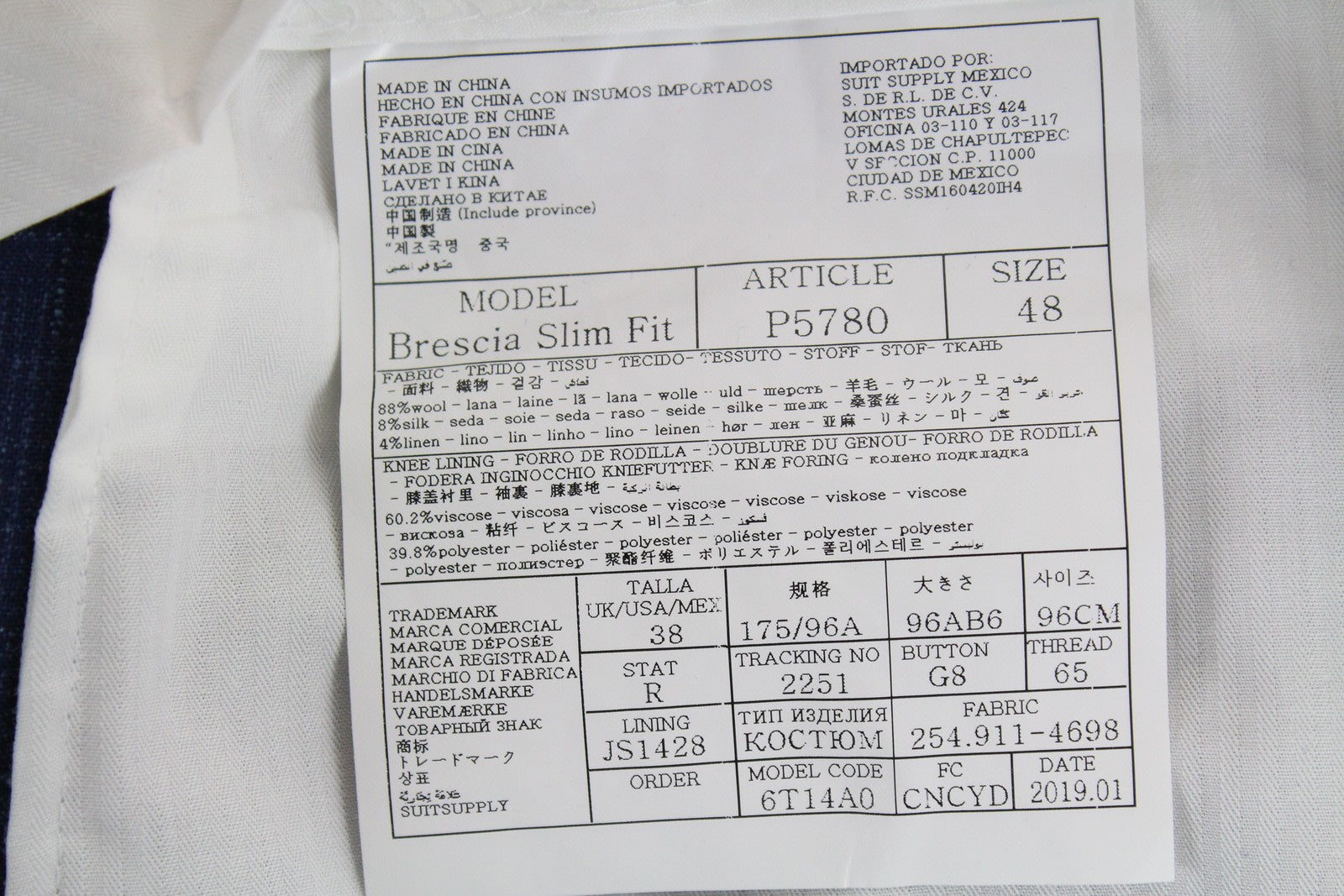 SUITSUPPLY Havana Men's Suit UK36R Blue Checked 2-Piece Wool Silk Linen Slim