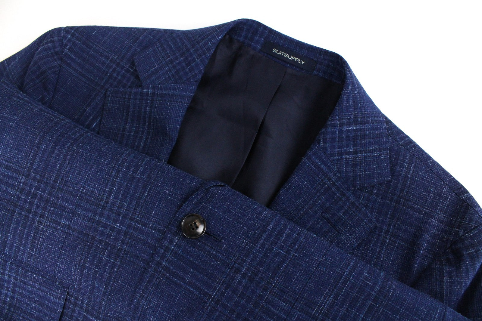 SUITSUPPLY Havana Men's Suit UK36R Blue Checked 2-Piece Wool Silk Linen Slim