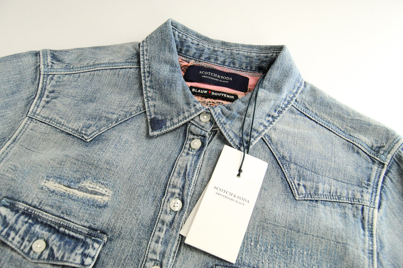 SCOTCH & SODA Ams Blauw Men's Shirt S Blue Denim Style Cotton Ripped Half-Button