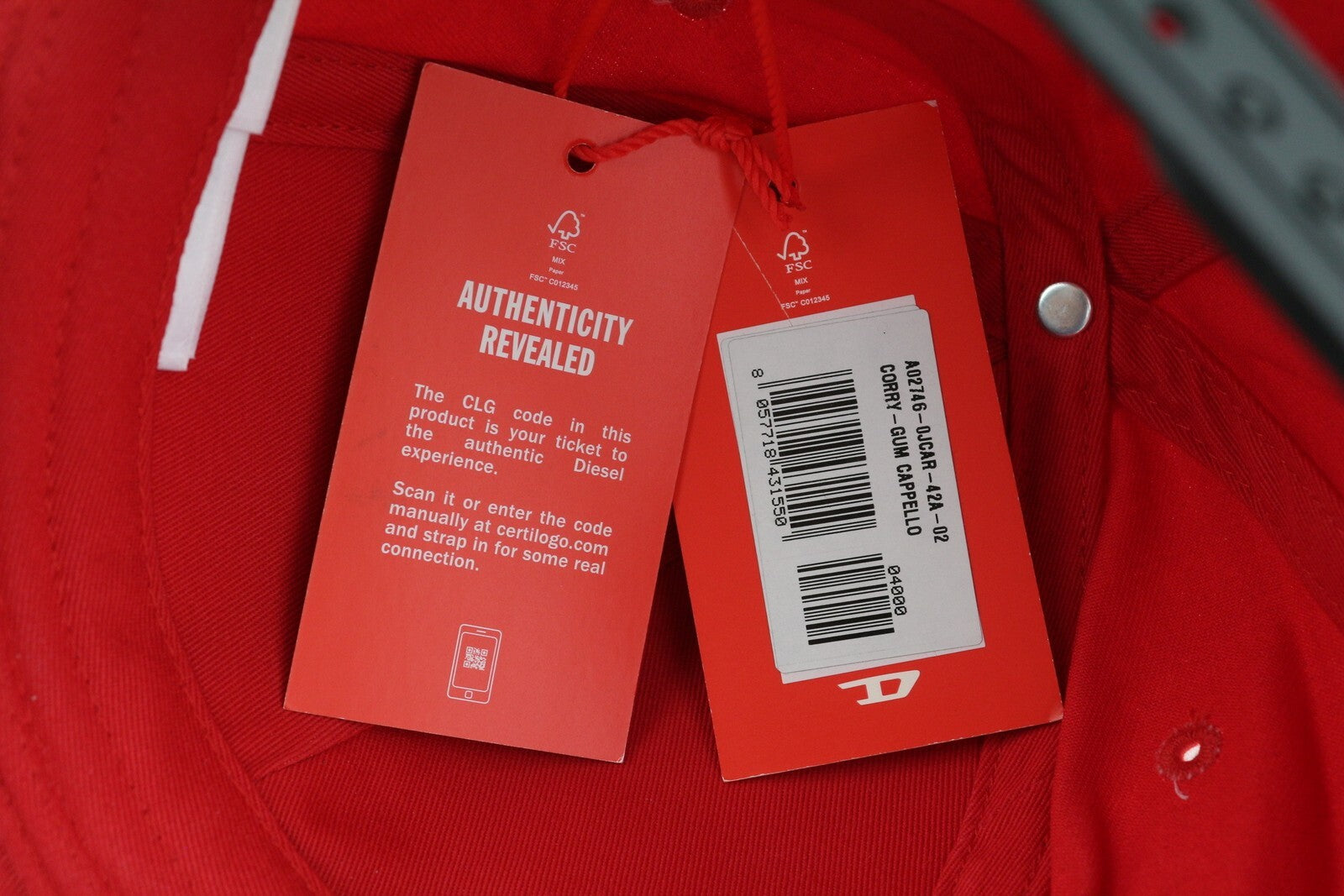 DIESEL Corry-Gum Men Cap OS Red Baseball Cotton Patch Front Logo Casual Unisex