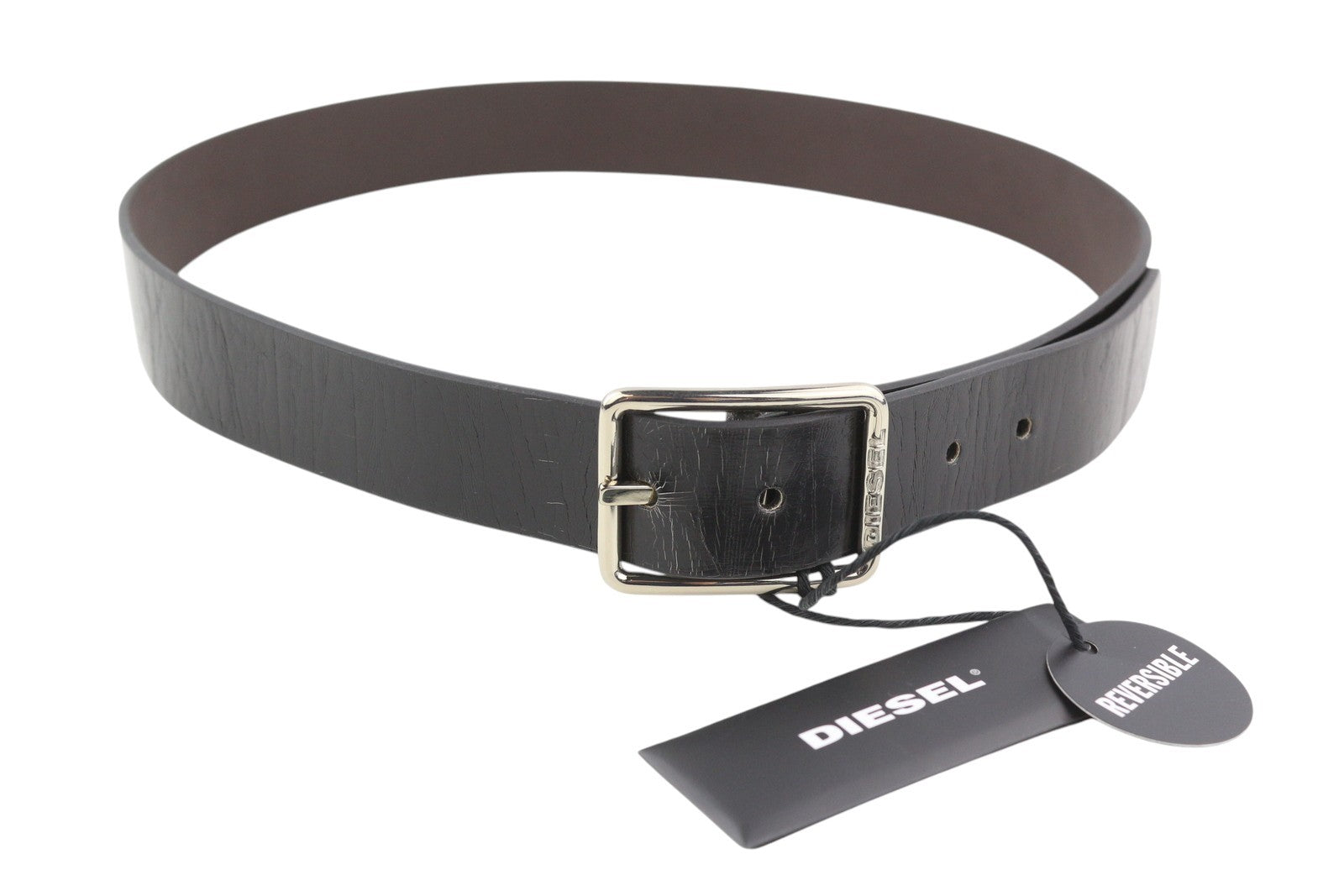 DIESEL B-Photo Men Belt 95 CM Reversible Leather Silver Tone Buckle Casual Dark