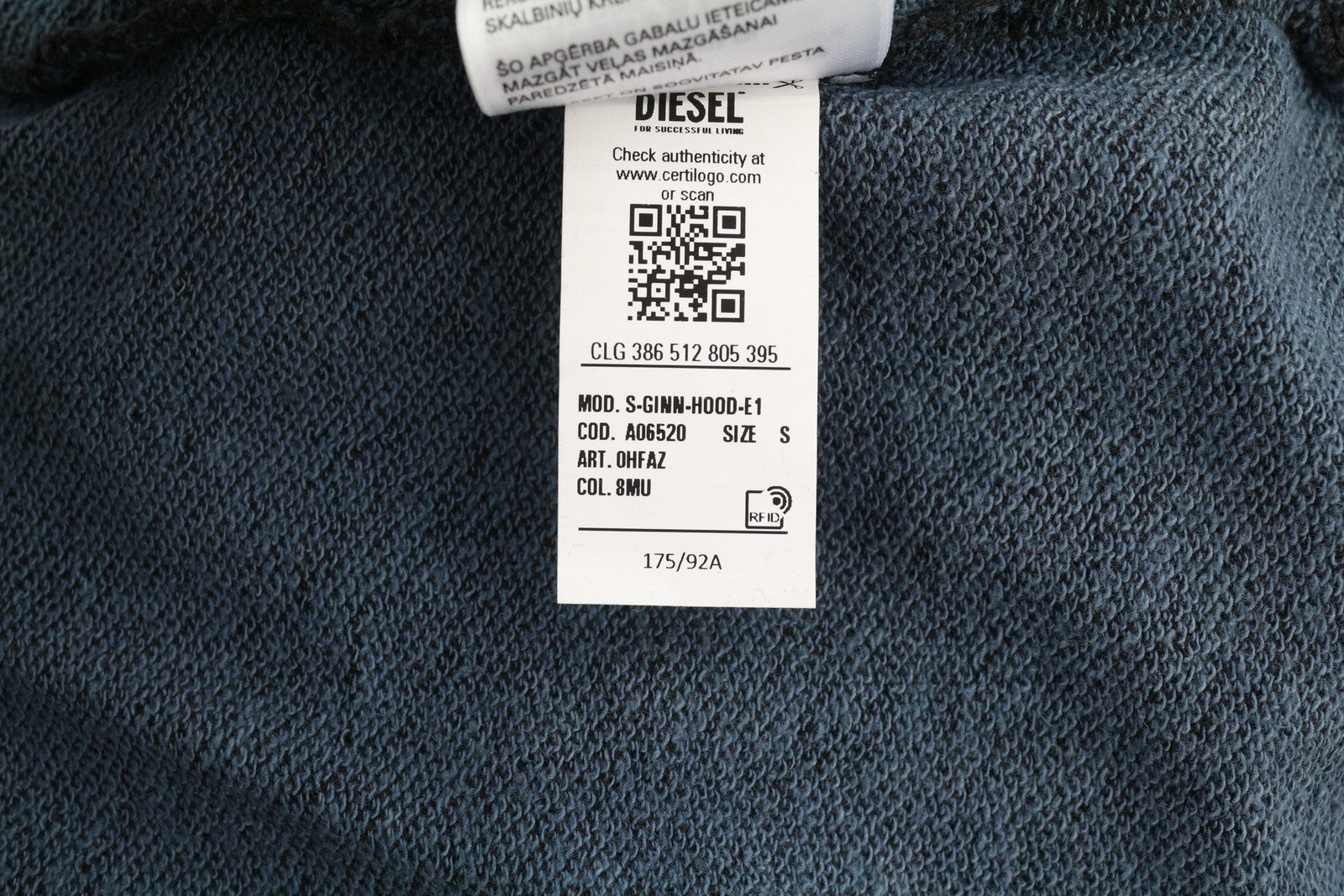 DIESEL S-Ginn-Hood-E1 Men Hoodie S Washed Grey Distress Hooded Kangaroo RRP€195