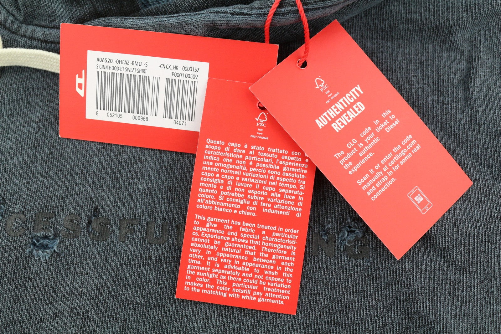 DIESEL S-Ginn-Hood-E1 Men Hoodie S Washed Grey Distress Hooded Kangaroo RRP€195