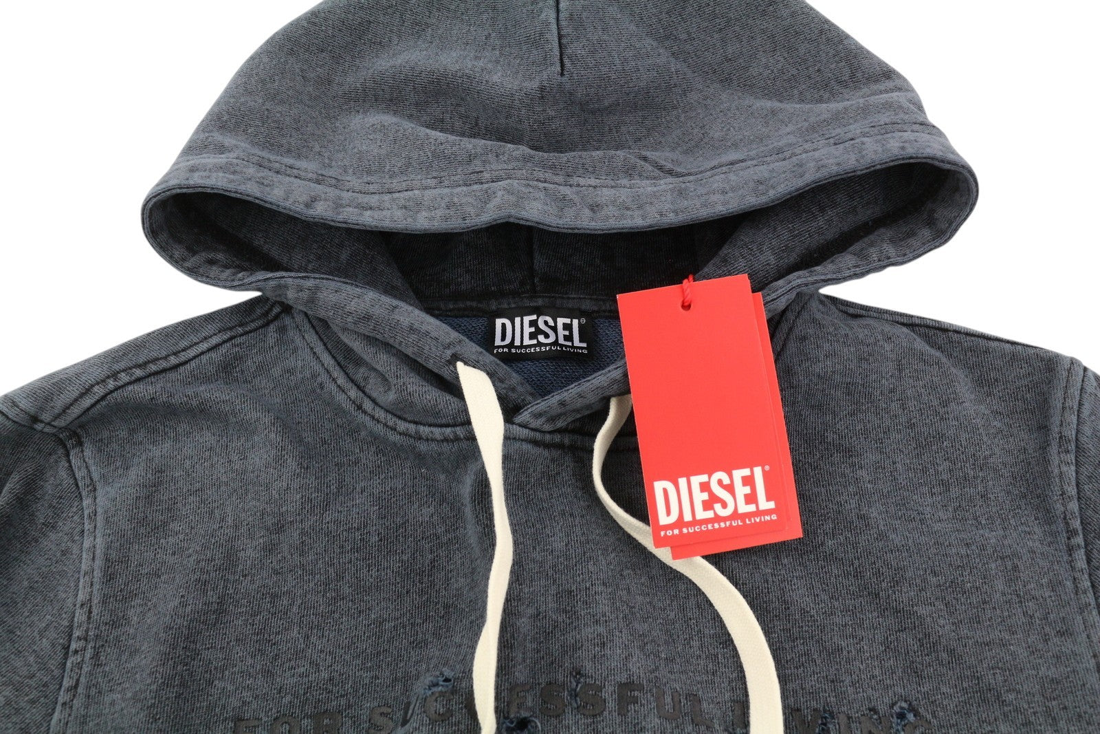 DIESEL S-Ginn-Hood-E1 Men Hoodie L Washed Grey Distress Hooded Kangaroo RRP195