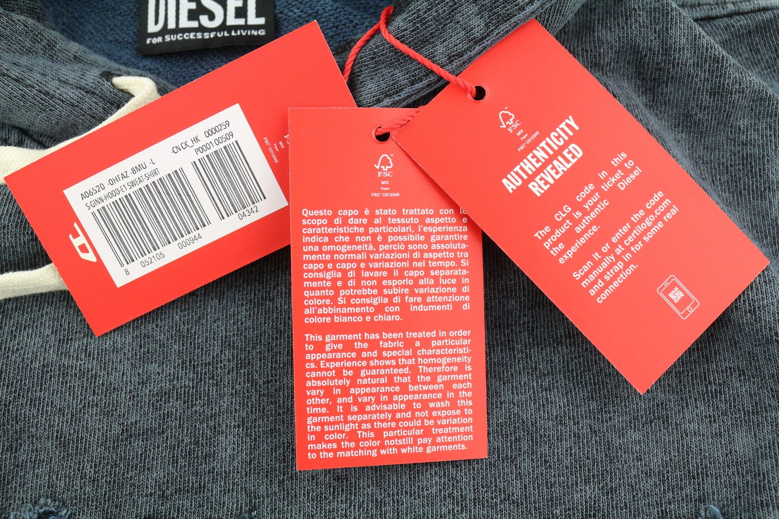 DIESEL S-Ginn-Hood-E1 Men Hoodie L Washed Grey Distress Hooded Kangaroo RRP195