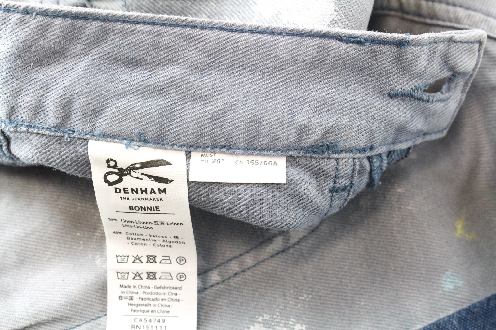 DENHAM Bonnie Women's Wide Fit Pants W26/L28 Blue Linen Cotton Painted Look