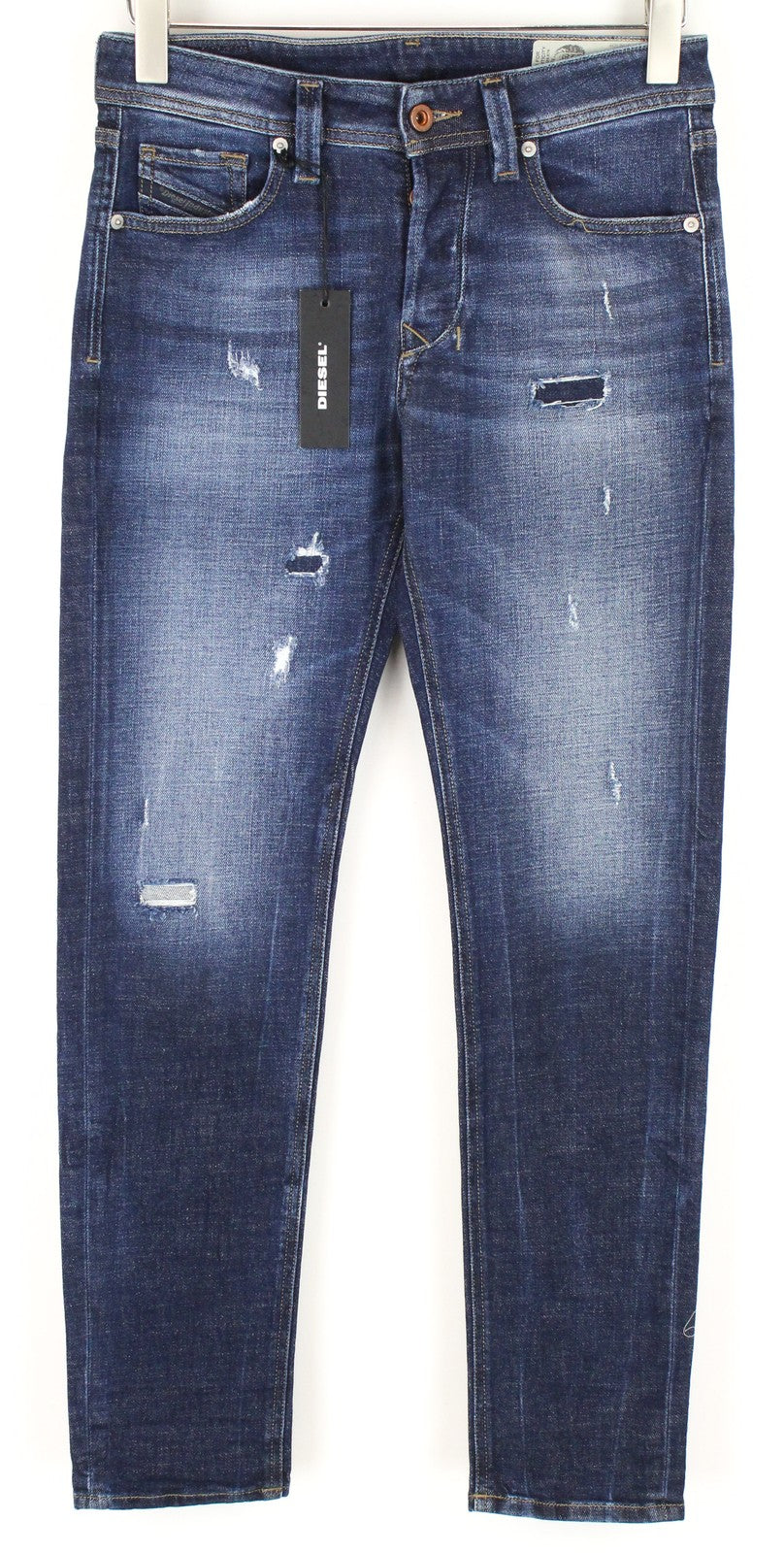 DIESEL Larkee-Beex 084QT vyriški džinsai W26/L30 siaurėjantys, mėlyni, plėšyti medvilniniai džinsai 