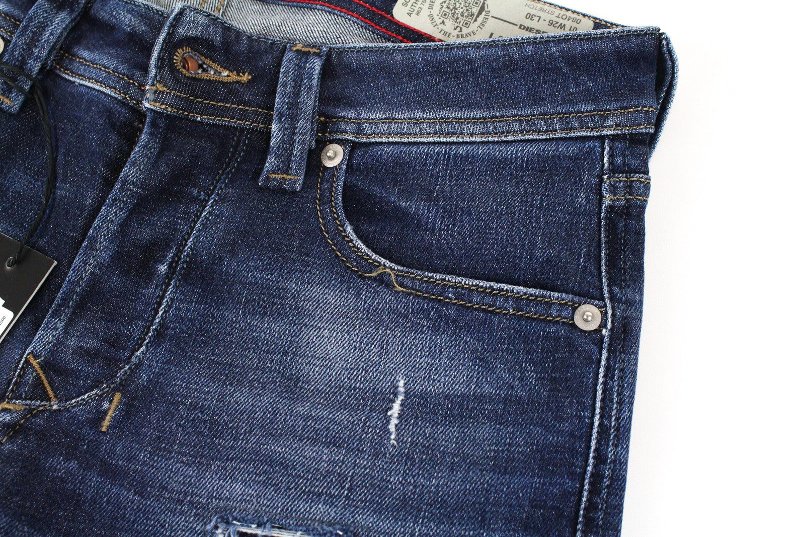 DIESEL Larkee-Beex 084QT vyriški džinsai W26/L30 siaurėjantys, mėlyni, plėšyti medvilniniai džinsai 